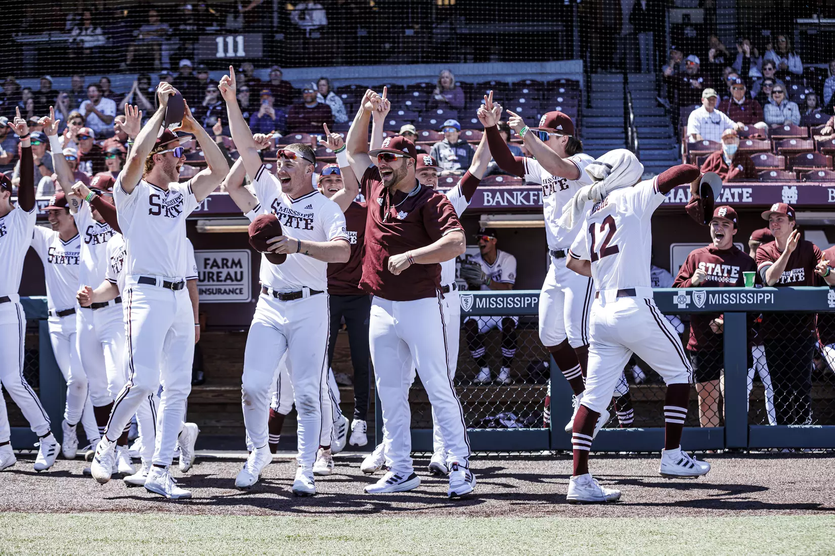 STARKVILLE, MS - April 09, 2022 - Mississippi State Pitcher Preston Johnson (#35), Mississippi State Infielder Davis Meche (#12), Mississippi State Pitcher Mikey Tepper (#39), Mississippi State Outfielder Bryce Chance (#38), and Mississippi State Infielder/Outfielder Matt Corder (#14), and Mississippi State Pitcher KC Hunt (#2) before the game between the LSU Tigers and the Mississippi State Bulldogs at Dudy Noble Field at Polk-Dement Stadium in Starkville, MS. Photo By Mississippi State Athletics