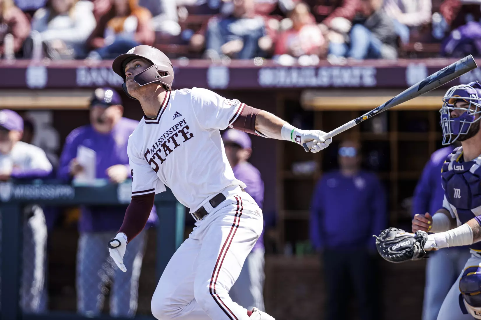 STARKVILLE, MS - April 09, 2022 - Mississippi State Infielder RJ Yeager (#4) during the game between the LSU Tigers and the Mississippi State Bulldogs at Dudy Noble Field at Polk-Dement Stadium in Starkville, MS. Photo By Mississippi State Athletics