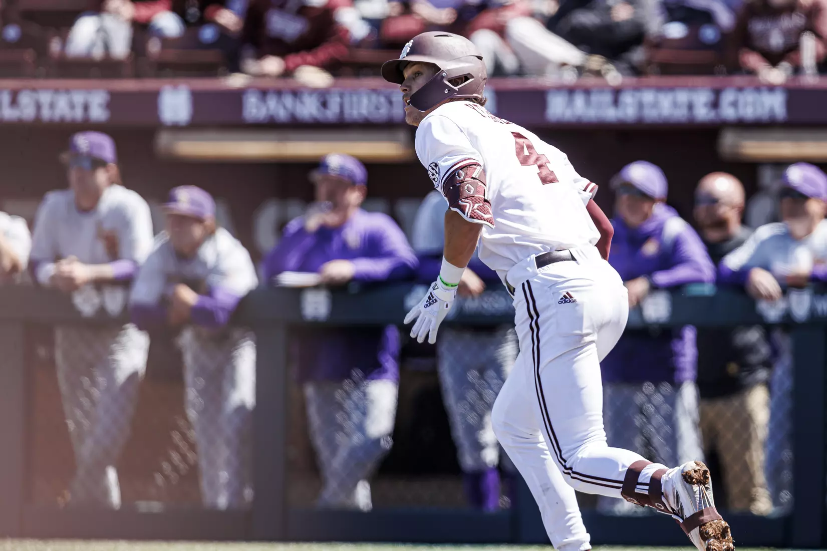 STARKVILLE, MS - April 09, 2022 - Mississippi State Infielder RJ Yeager (#4) during the game between the LSU Tigers and the Mississippi State Bulldogs at Dudy Noble Field at Polk-Dement Stadium in Starkville, MS. Photo By Mississippi State Athletics