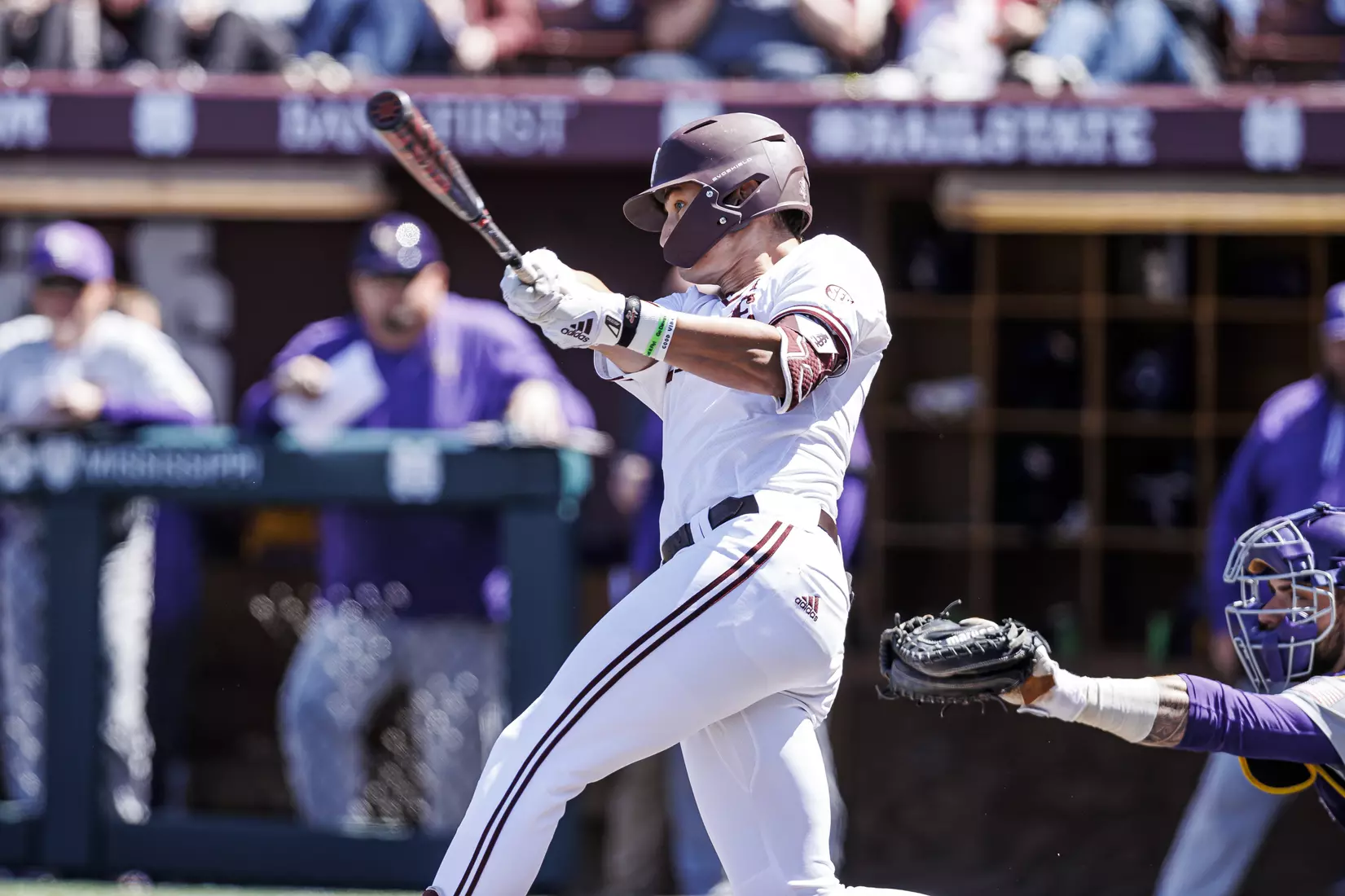 STARKVILLE, MS - April 09, 2022 - Mississippi State Infielder Kamren James (#6) during the game between the LSU Tigers and the Mississippi State Bulldogs at Dudy Noble Field at Polk-Dement Stadium in Starkville, MS. Photo By Mississippi State Athletics