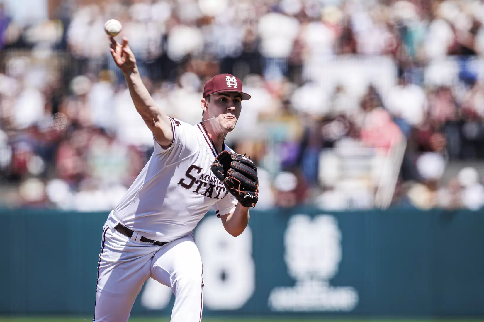 STARKVILLE, MS - April 09, 2022 - Mississippi State Pitcher Brandon Smith (#7) during the game between the LSU Tigers and the Mississippi State Bulldogs at Dudy Noble Field at Polk-Dement Stadium in Starkville, MS. Photo By Mississippi State Athletics
