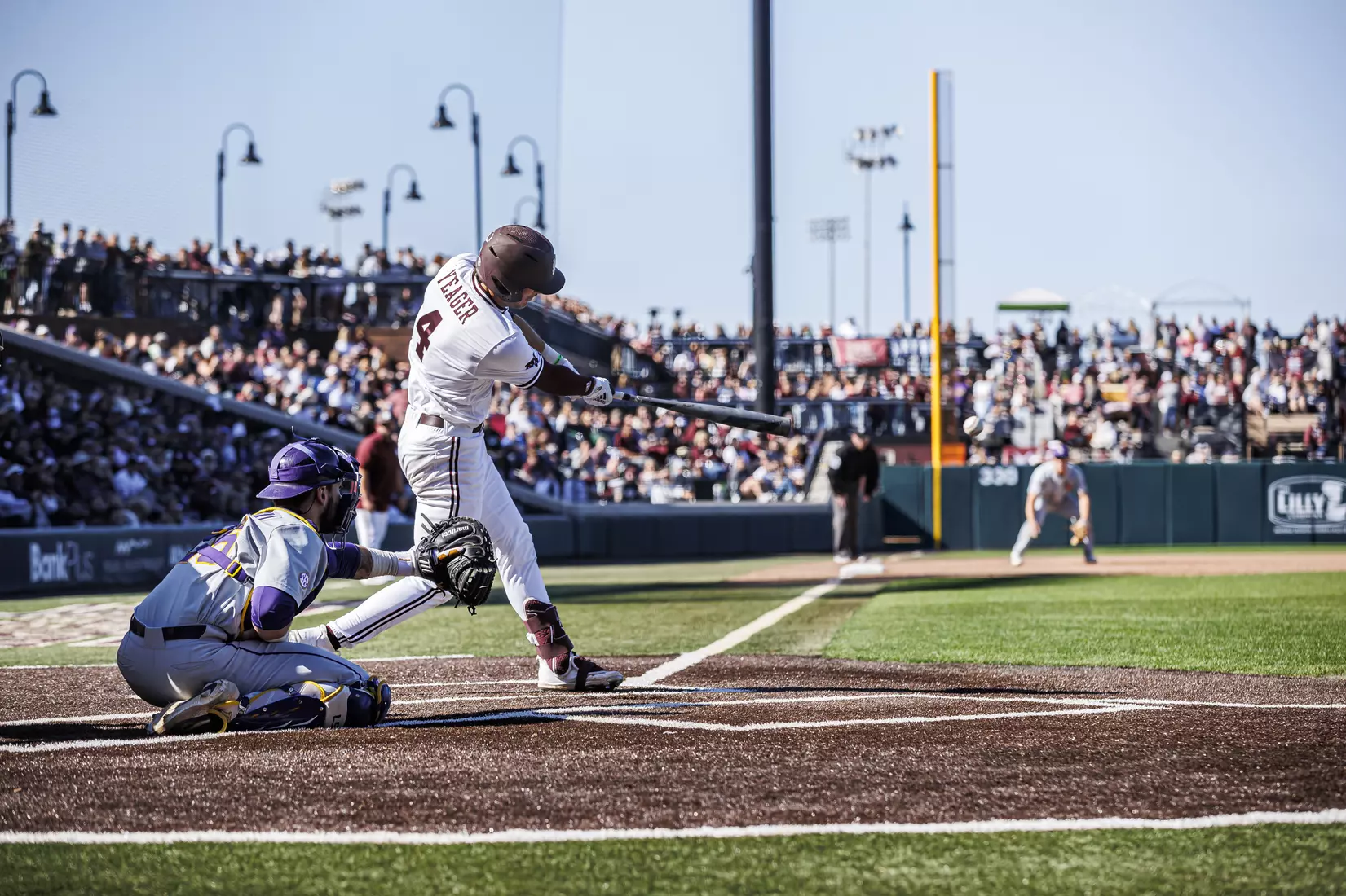 STARKVILLE, MS - April 09, 2022 - Mississippi State Infielder RJ Yeager (#4) during the game between the LSU Tigers and the Mississippi State Bulldogs at Dudy Noble Field at Polk-Dement Stadium in Starkville, MS. Photo By Mississippi State Athletics
