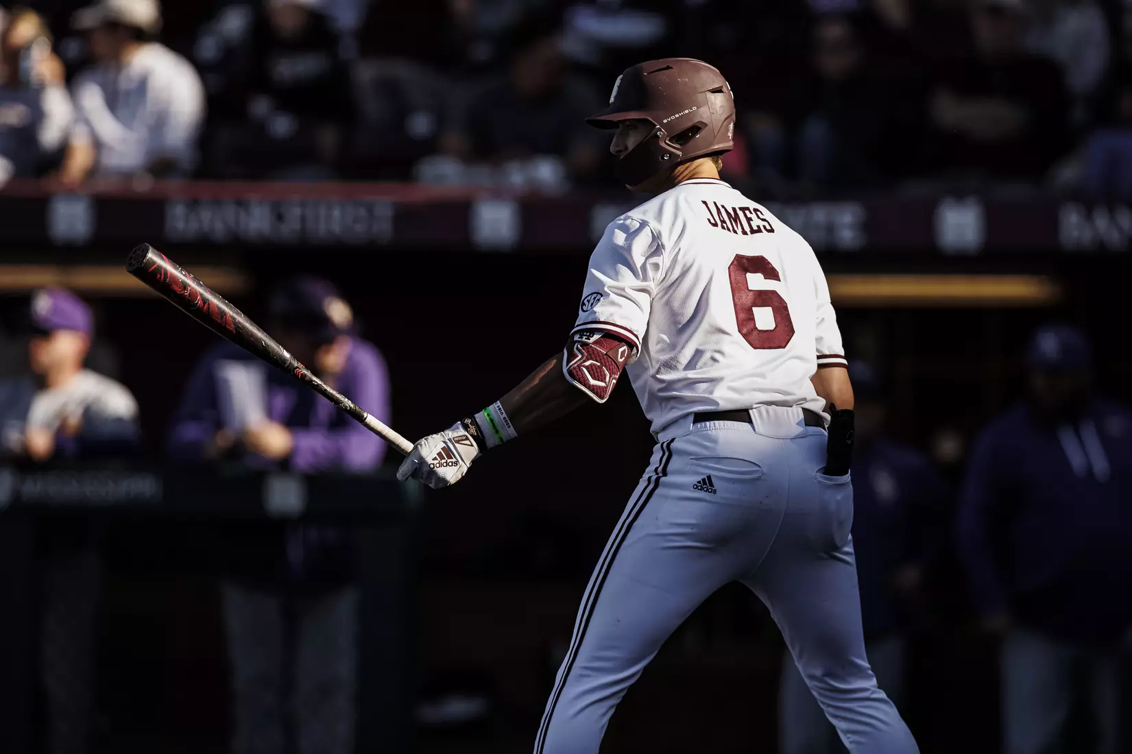 STARKVILLE, MS - April 09, 2022 - Mississippi State Infielder Kamren James (#6) during the game between the LSU Tigers and the Mississippi State Bulldogs at Dudy Noble Field at Polk-Dement Stadium in Starkville, MS. Photo By Mississippi State Athletics