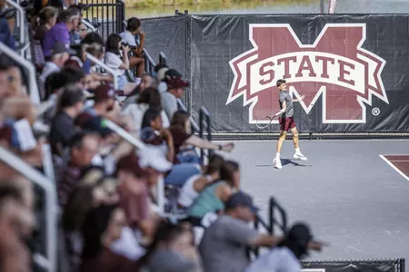 STARKVILLE, MS - April 15, 2022 - Mississippi State's Davide Tortora during the match between the Vanderbilt Commodores and the Mississippi State Bulldogs at the AJ Pitts Tennis Centre in Starkville, MS. Photo By Kevin Snyder