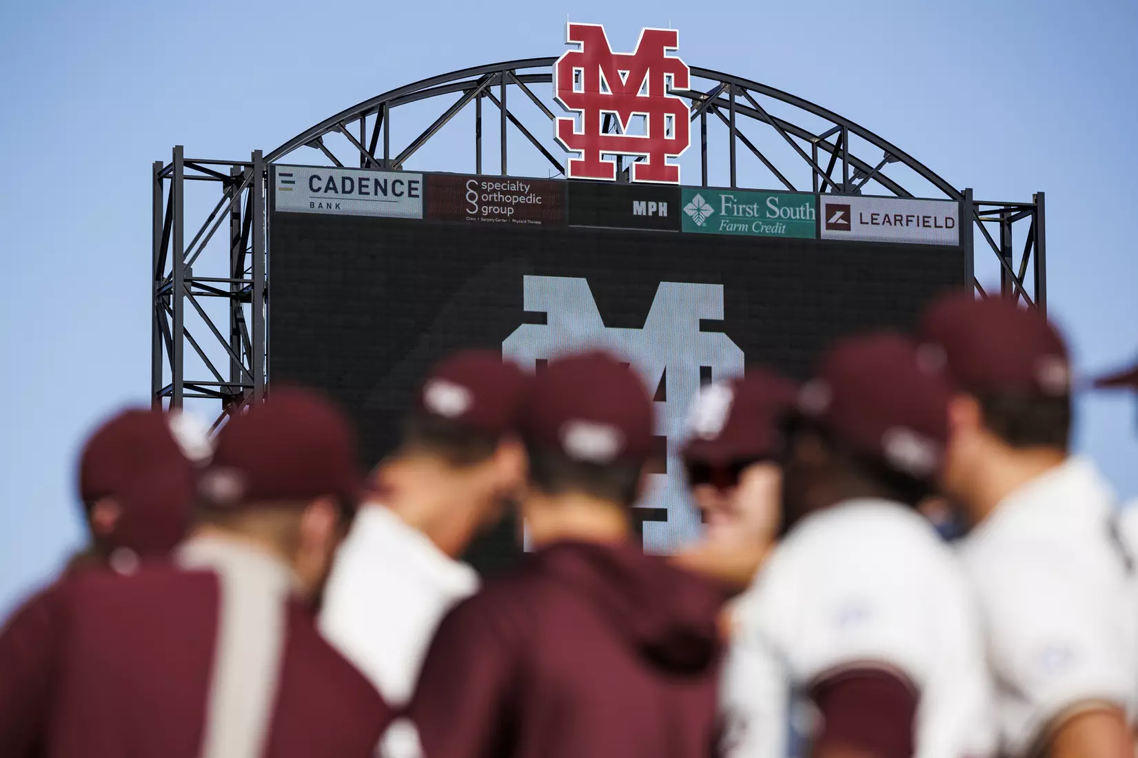 STARKVILLE, MS - April 19, 2022 - Mississippi State M over S logo atop the scoreboard before the game between the Jackson State Tigers and the Mississippi State Bulldogs at Dudy Noble Field at Polk-Dement Stadium in Starkville, MS. Photo By Kevin Snyder