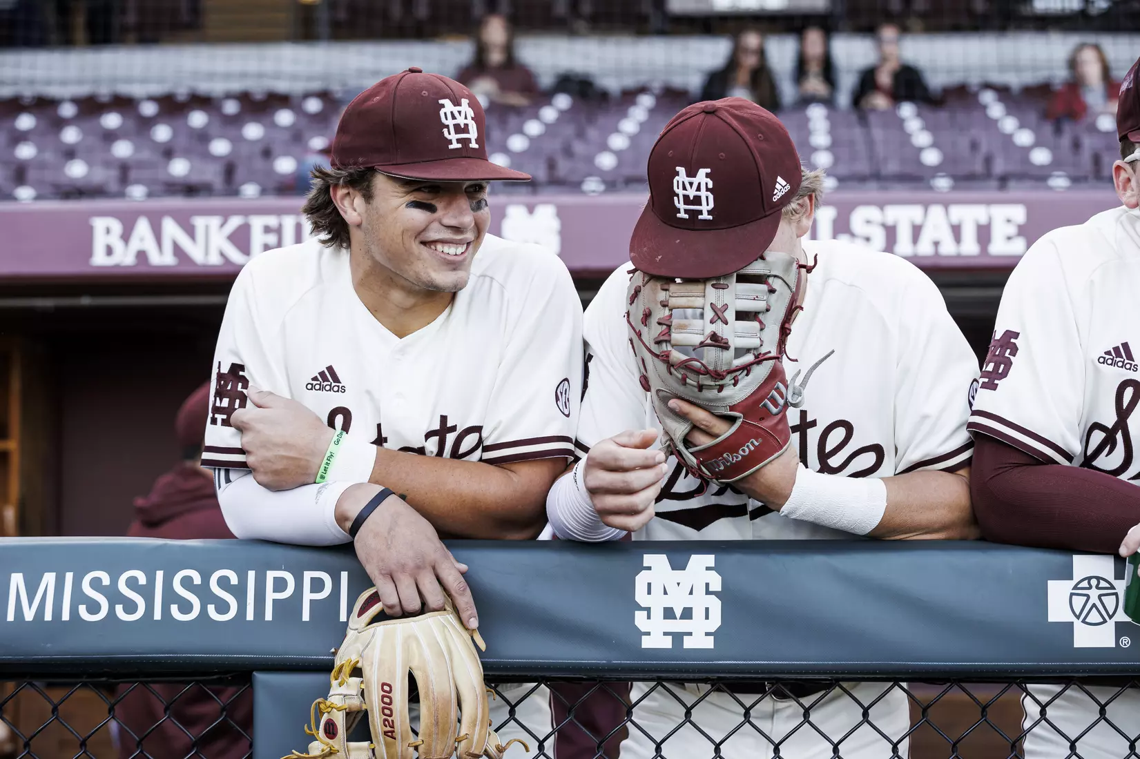 STARKVILLE, MS - April 19, 2022 - Mississippi State Infielder Slate Alford (#24) and Mississippi State Infielder/Outfielder Hunter Hines (#44) before the game between the Jackson State Tigers and the Mississippi State Bulldogs at Dudy Noble Field at Polk-Dement Stadium in Starkville, MS. Photo By Kevin Snyder