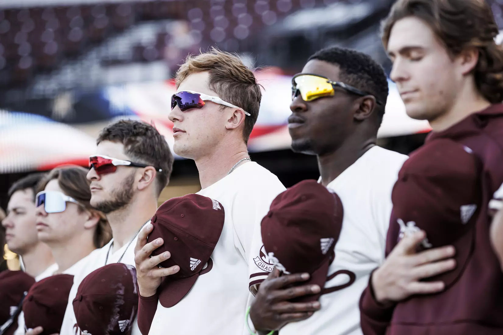STARKVILLE, MS - April 19, 2022 - Mississippi State Outfielder Jess Davis (#3) during the National Anthem before the game between the Jackson State Tigers and the Mississippi State Bulldogs at Dudy Noble Field at Polk-Dement Stadium in Starkville, MS. Photo By Kevin Snyder