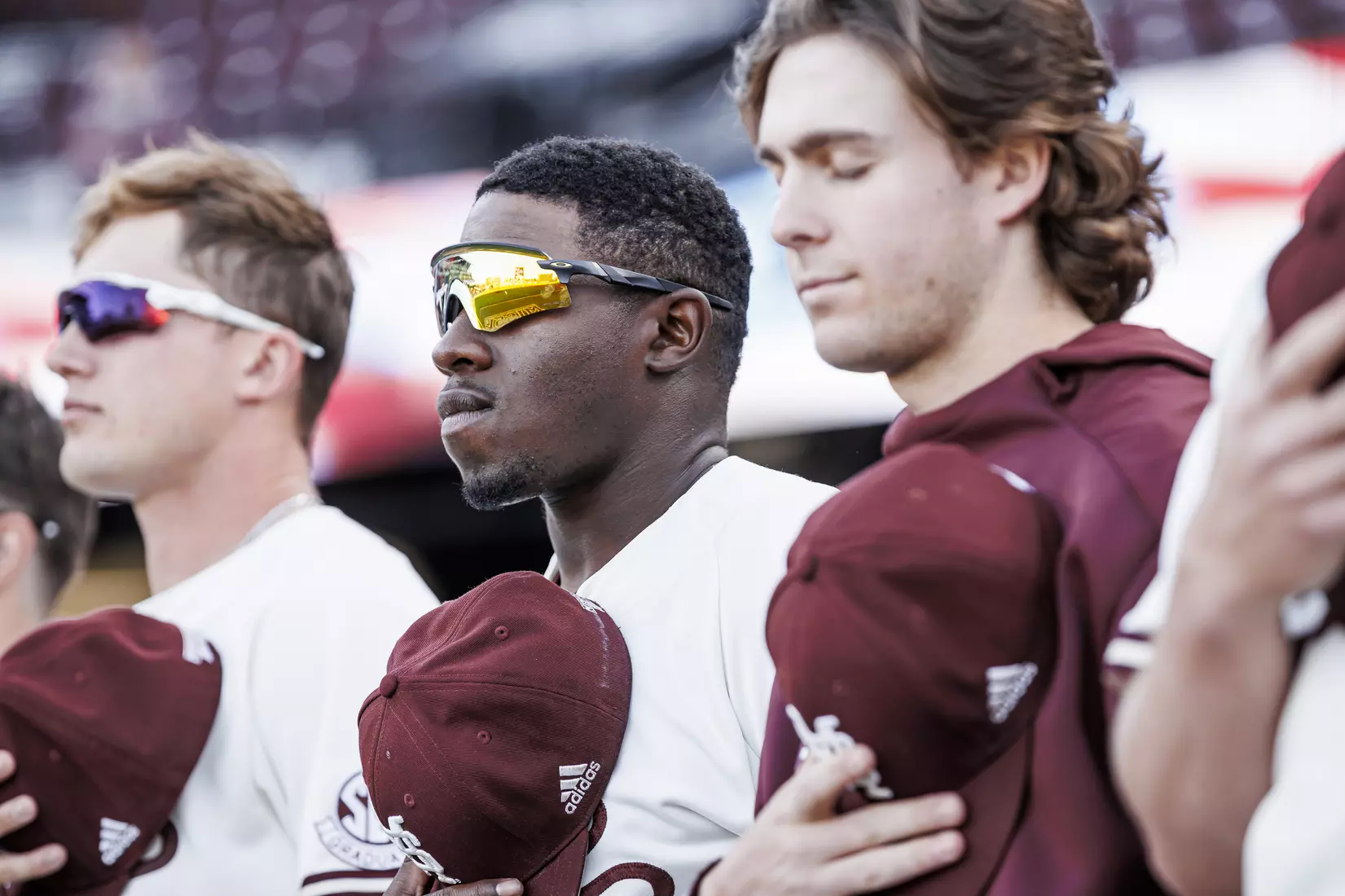 STARKVILLE, MS - April 19, 2022 - Mississippi State Outfielder Brayland Skinner (#36) during the National Anthem before the game between the Jackson State Tigers and the Mississippi State Bulldogs at Dudy Noble Field at Polk-Dement Stadium in Starkville, MS. Photo By Kevin Snyder