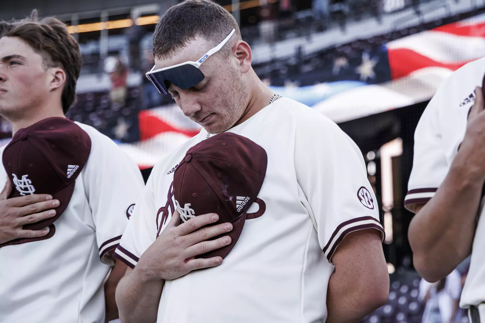 STARKVILLE, MS - April 19, 2022 - Mississippi State Pitcher Mikey Tepper (#39) during the National Anthem before the game between the Jackson State Tigers and the Mississippi State Bulldogs at Dudy Noble Field at Polk-Dement Stadium in Starkville, MS. Photo By Kevin Snyder