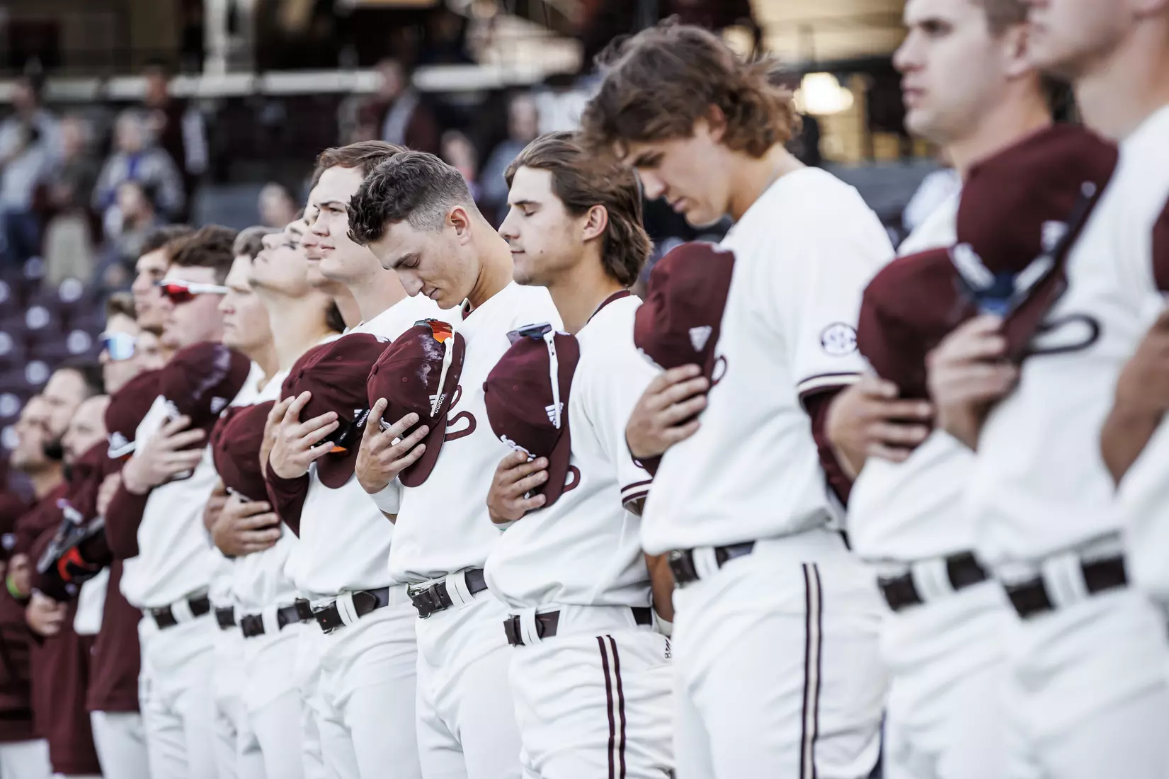 STARKVILLE, MS - April 19, 2022 - Mississippi State Infielder Kamren James (#6) during the National Anthem before game between the Jackson State Tigers and the Mississippi State Bulldogs at Dudy Noble Field at Polk-Dement Stadium in Starkville, MS. Photo By Kevin Snyder