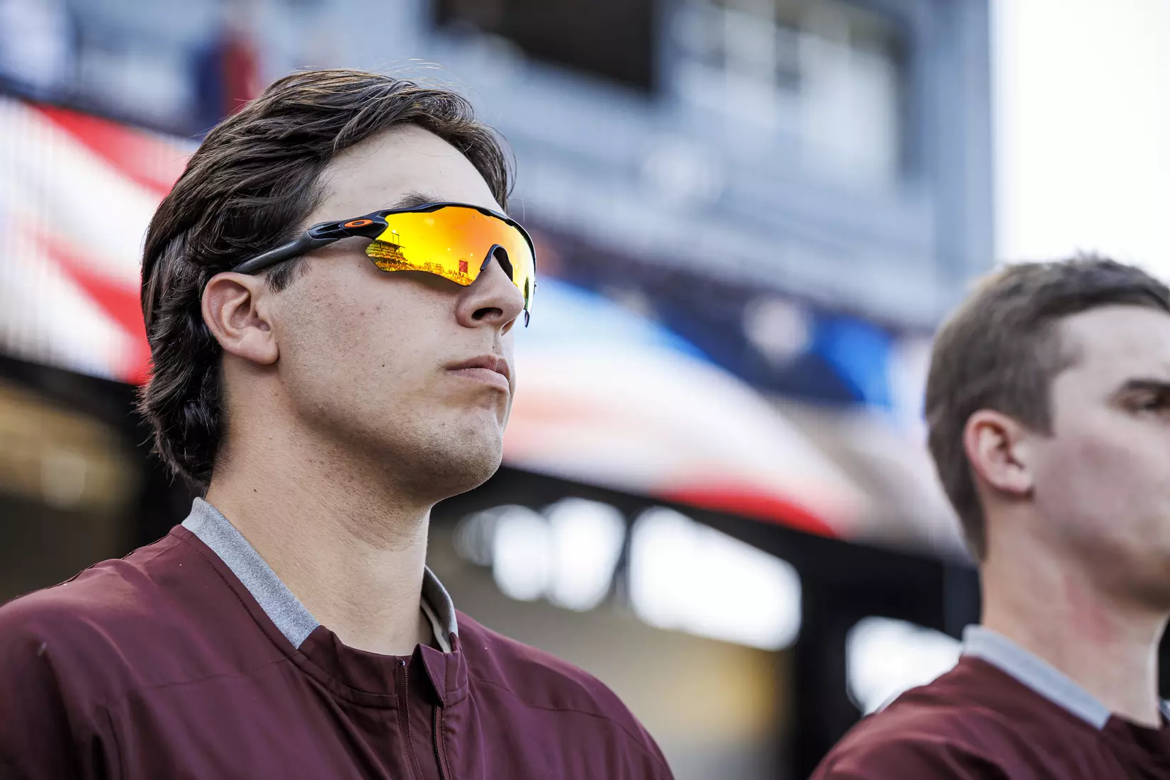STARKVILLE, MS - April 19, 2022 - Mississippi State Pitcher Cam Tullar (#45) during the National Anthem before the game between the Jackson State Tigers and the Mississippi State Bulldogs at Dudy Noble Field at Polk-Dement Stadium in Starkville, MS. Photo By Kevin Snyder