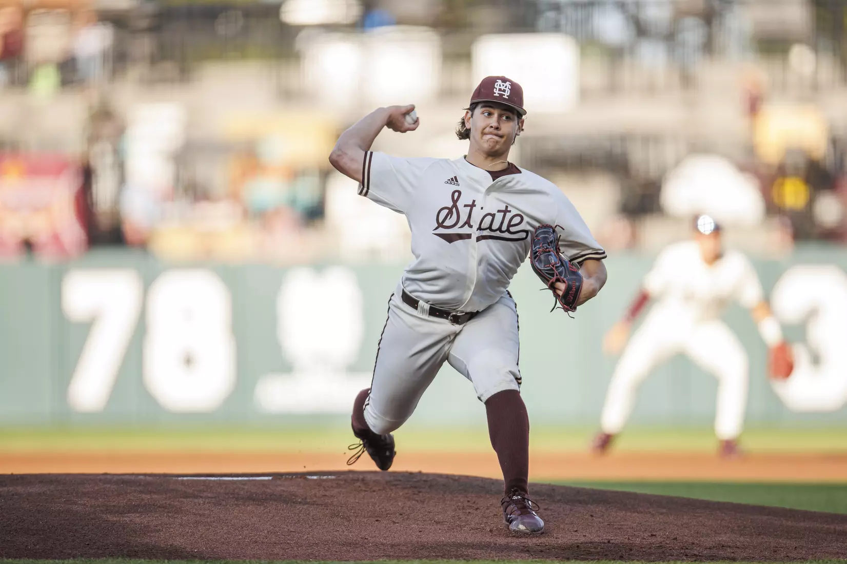 STARKVILLE, MS - April 19, 2022 - Mississippi State Pitcher Jack Walker (#18) during the game between the Jackson State Tigers and the Mississippi State Bulldogs at Dudy Noble Field at Polk-Dement Stadium in Starkville, MS. Photo By Kevin Snyder