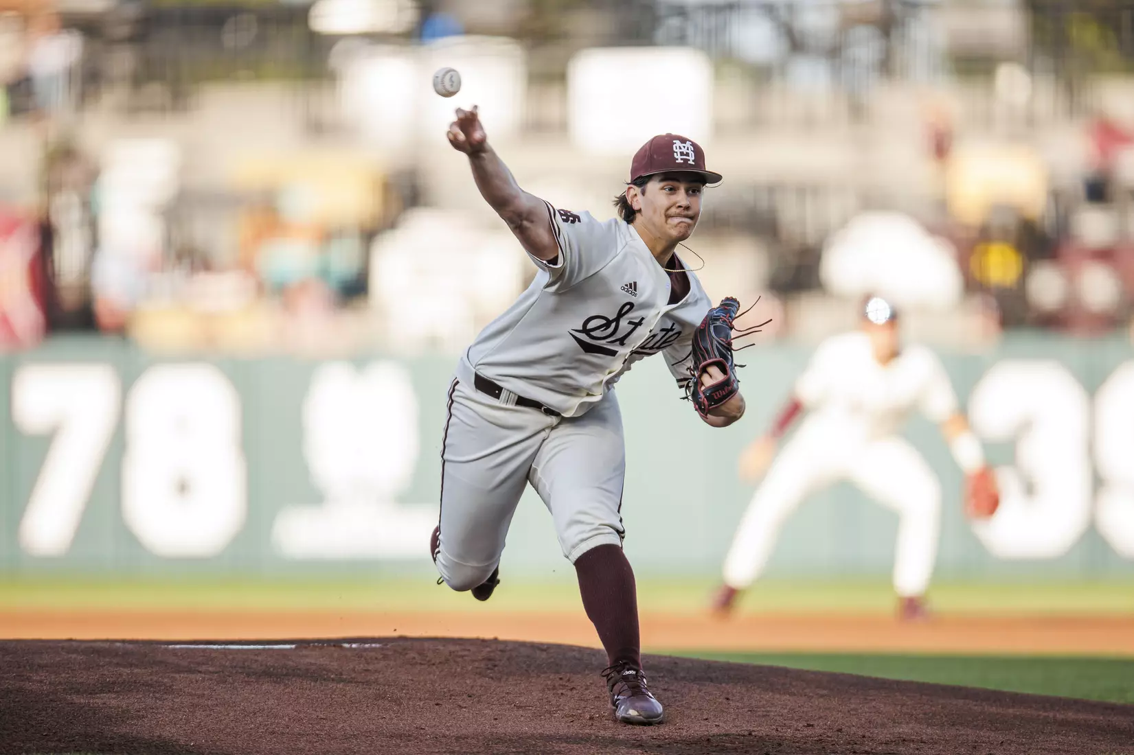 STARKVILLE, MS - April 19, 2022 - Mississippi State Pitcher Jack Walker (#18) during the game between the Jackson State Tigers and the Mississippi State Bulldogs at Dudy Noble Field at Polk-Dement Stadium in Starkville, MS. Photo By Kevin Snyder