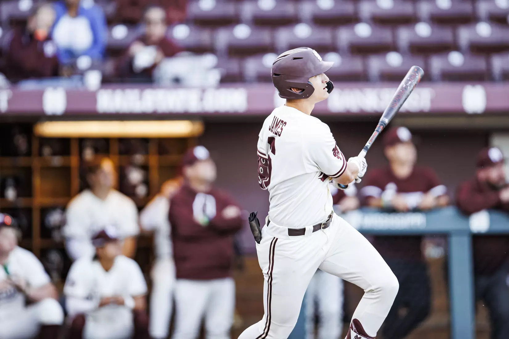 STARKVILLE, MS - April 19, 2022 - Mississippi State Infielder Kamren James (#6) during the game between the Jackson State Tigers and the Mississippi State Bulldogs at Dudy Noble Field at Polk-Dement Stadium in Starkville, MS. Photo By Kevin Snyder