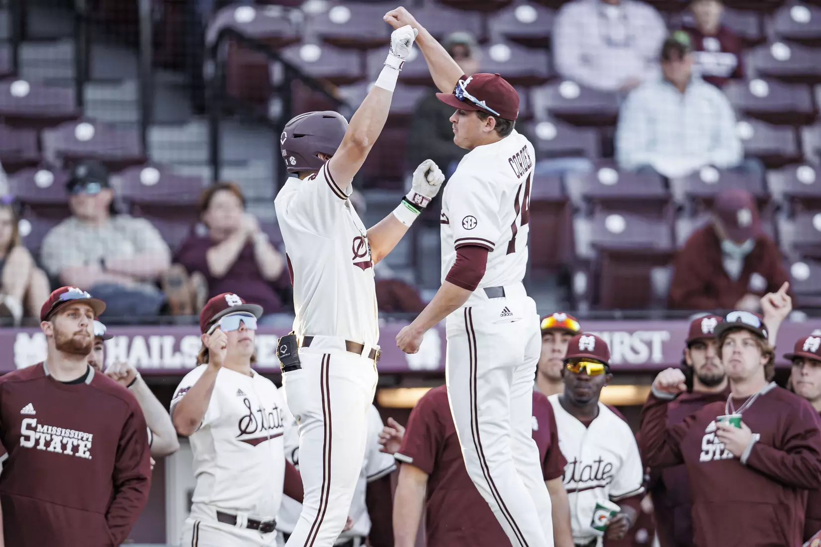 STARKVILLE, MS - April 19, 2022 - Mississippi State Infielder Kamren James (#6) and Infielder/Outfielder Matt Corder (#14) during the game between the Jackson State Tigers and the Mississippi State Bulldogs at Dudy Noble Field at Polk-Dement Stadium in Starkville, MS. Photo By Kevin Snyder