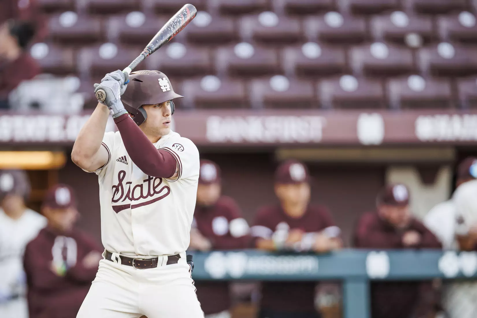 STARKVILLE, MS - April 19, 2022 - Mississippi State Infielder/Outfielder Aaron Downs (#5) during the game between the Jackson State Tigers and the Mississippi State Bulldogs at Dudy Noble Field at Polk-Dement Stadium in Starkville, MS. Photo By Kevin Snyder