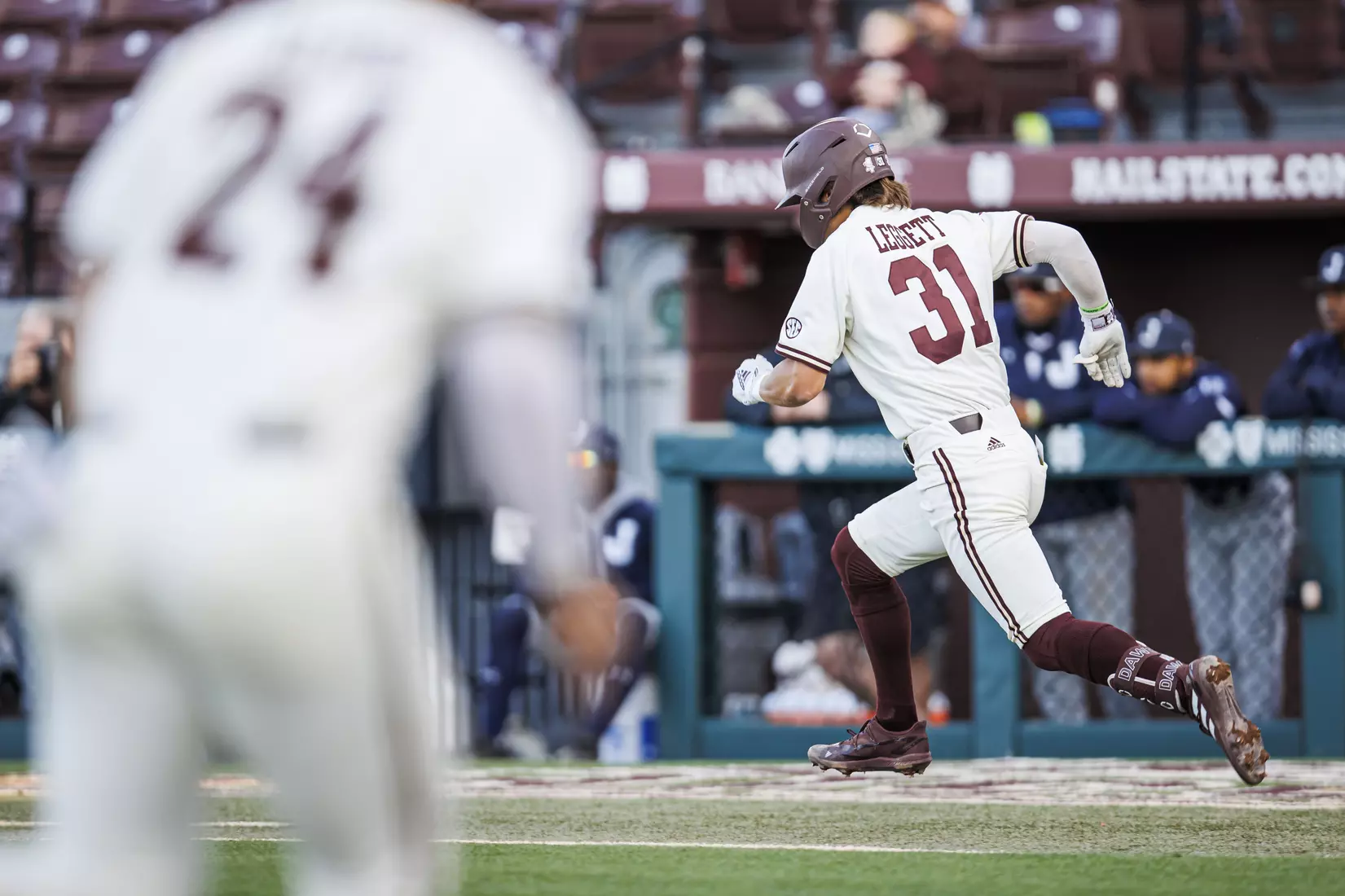 STARKVILLE, MS - April 19, 2022 - Mississippi State Infielder Tanner Leggett (#31) during the game between the Jackson State Tigers and the Mississippi State Bulldogs at Dudy Noble Field at Polk-Dement Stadium in Starkville, MS. Photo By Sloane Bush
