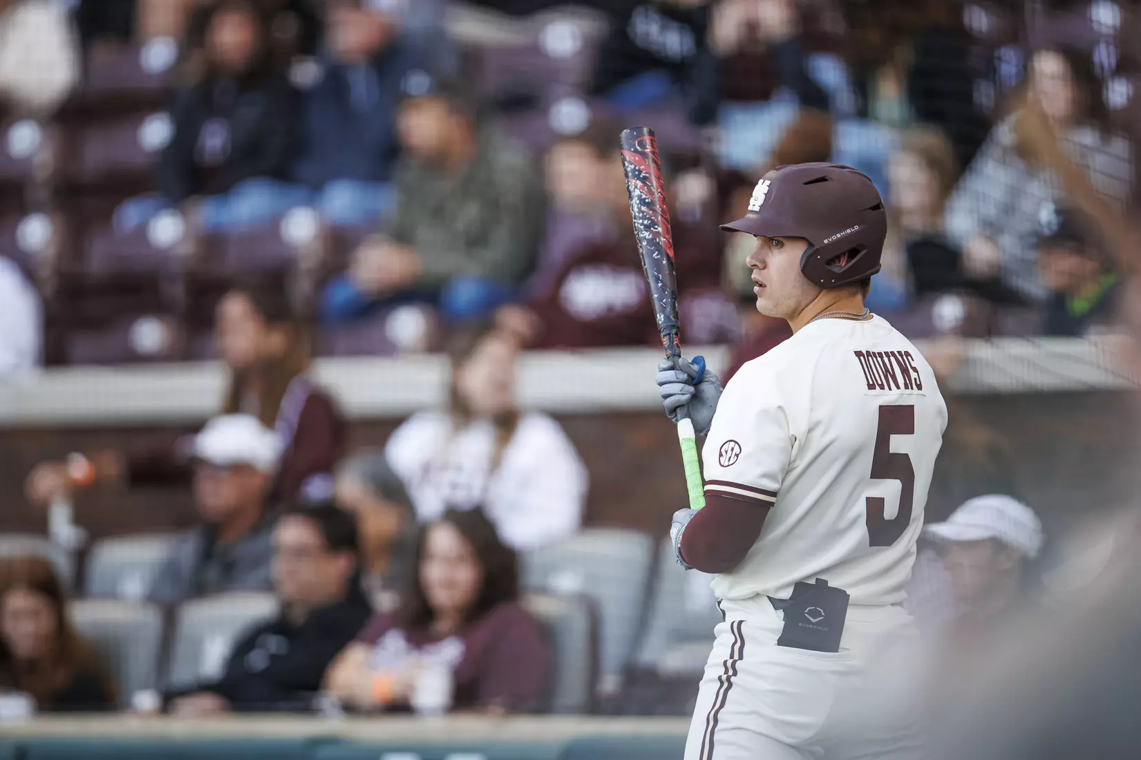 STARKVILLE, MS - April 19, 2022 - Mississippi State Infielder/Outfielder Aaron Downs (#5) during the game between the Jackson State Tigers and the Mississippi State Bulldogs at Dudy Noble Field at Polk-Dement Stadium in Starkville, MS. Photo By Sloane Bush
