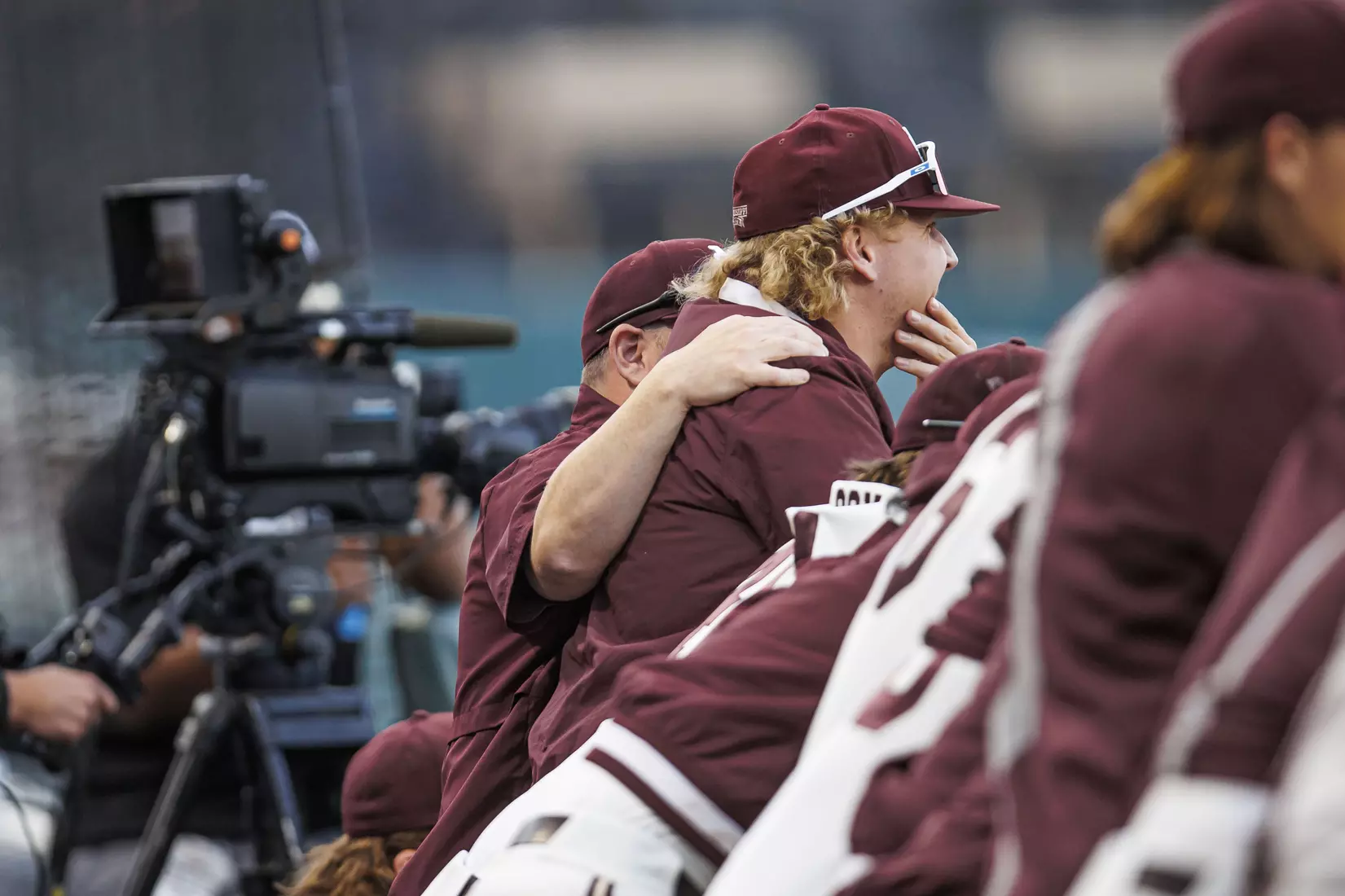 STARKVILLE, MS - April 19, 2022 - Mississippi State Associate Athletic Trainer Jason Wire and Pitcher Drew Talley (#47)  during the game between the Jackson State Tigers and the Mississippi State Bulldogs at Dudy Noble Field at Polk-Dement Stadium in Starkville, MS. Photo By Sloane Bush
