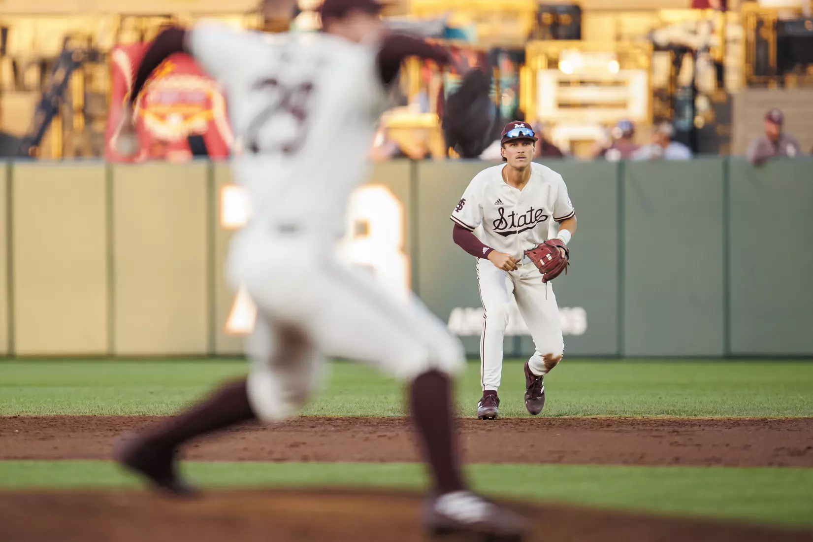 STARKVILLE, MS - April 19, 2022 - Mississippi State Infielder RJ Yeager (#4) during the game between the Jackson State Tigers and the Mississippi State Bulldogs at Dudy Noble Field at Polk-Dement Stadium in Starkville, MS. Photo By Sloane Bush
