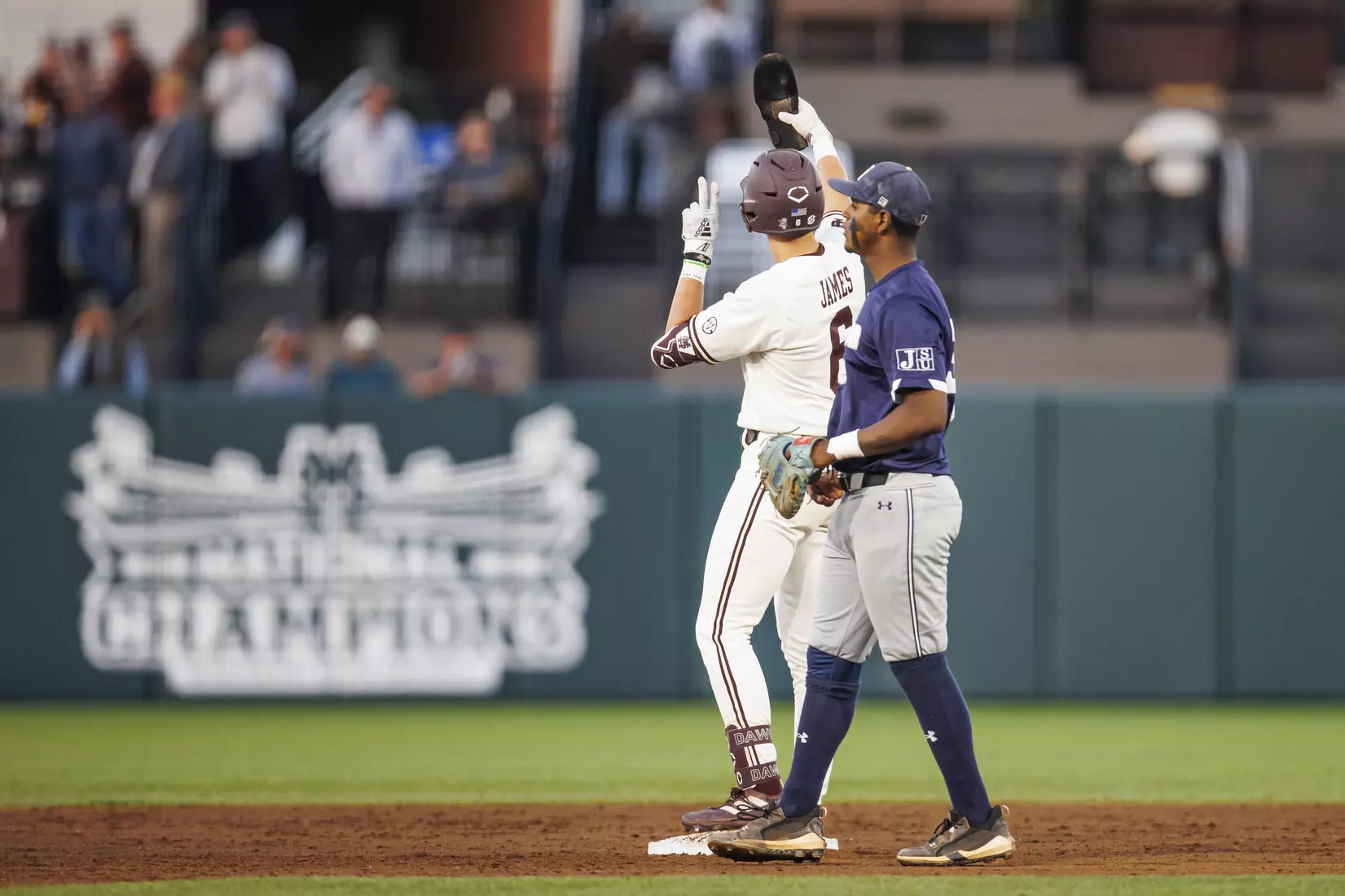 STARKVILLE, MS - April 19, 2022 - Mississippi State Infielder Kamren James (#6) during the game between the Jackson State Tigers and the Mississippi State Bulldogs at Dudy Noble Field at Polk-Dement Stadium in Starkville, MS. Photo By Sloane Bush