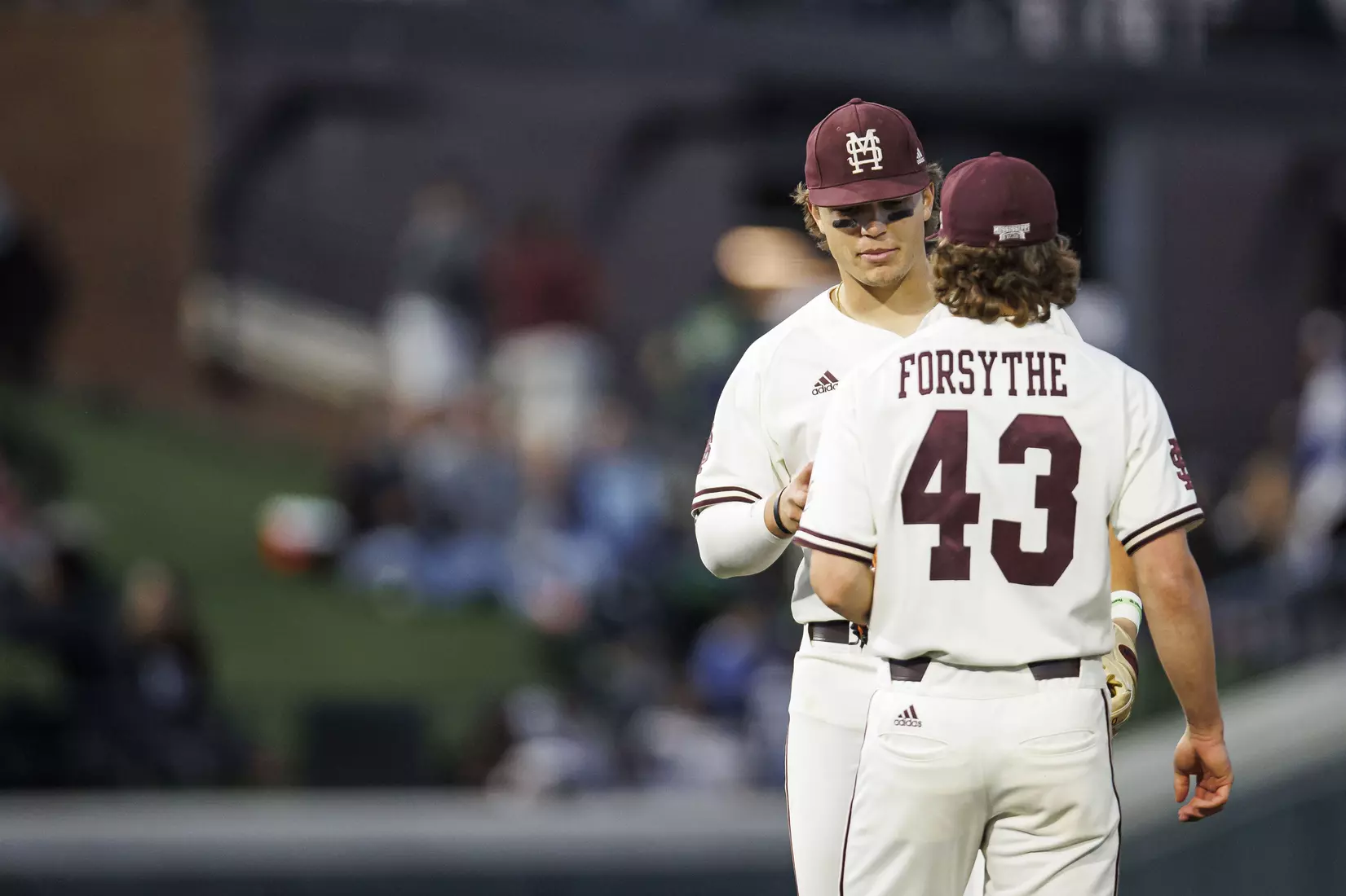 STARKVILLE, MS - April 19, 2022 - Mississippi State Infielder Slate Alford (#24) and Infielder Lane Forsythe (#43) during the game between the Jackson State Tigers and the Mississippi State Bulldogs at Dudy Noble Field at Polk-Dement Stadium in Starkville, MS. Photo By Sloane Bush
