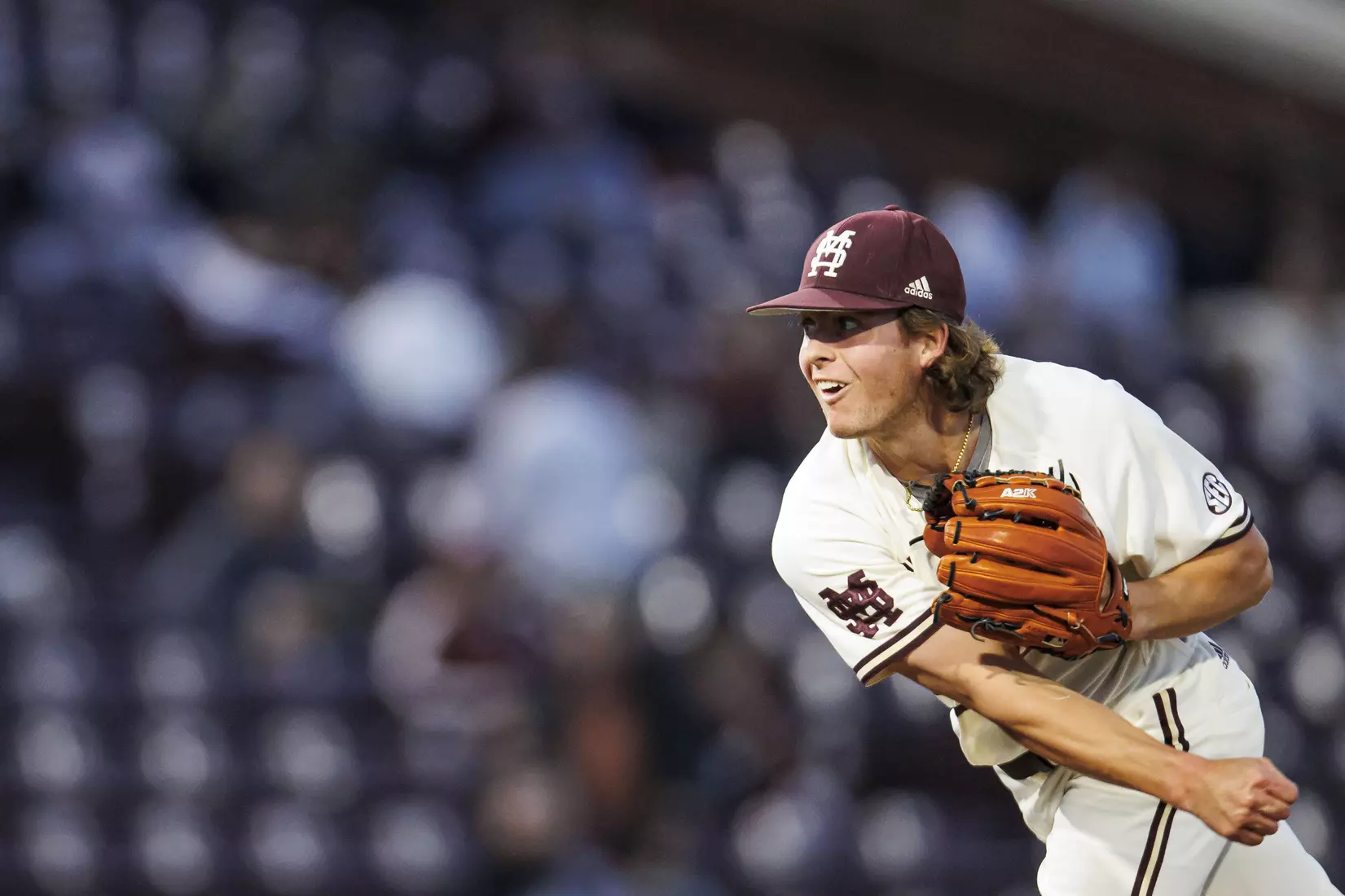 STARKVILLE, MS - April 19, 2022 - Mississippi State Infielder Lane Forsythe (#43) during the game between the Jackson State Tigers and the Mississippi State Bulldogs at Dudy Noble Field at Polk-Dement Stadium in Starkville, MS. Photo By Sloane Bush