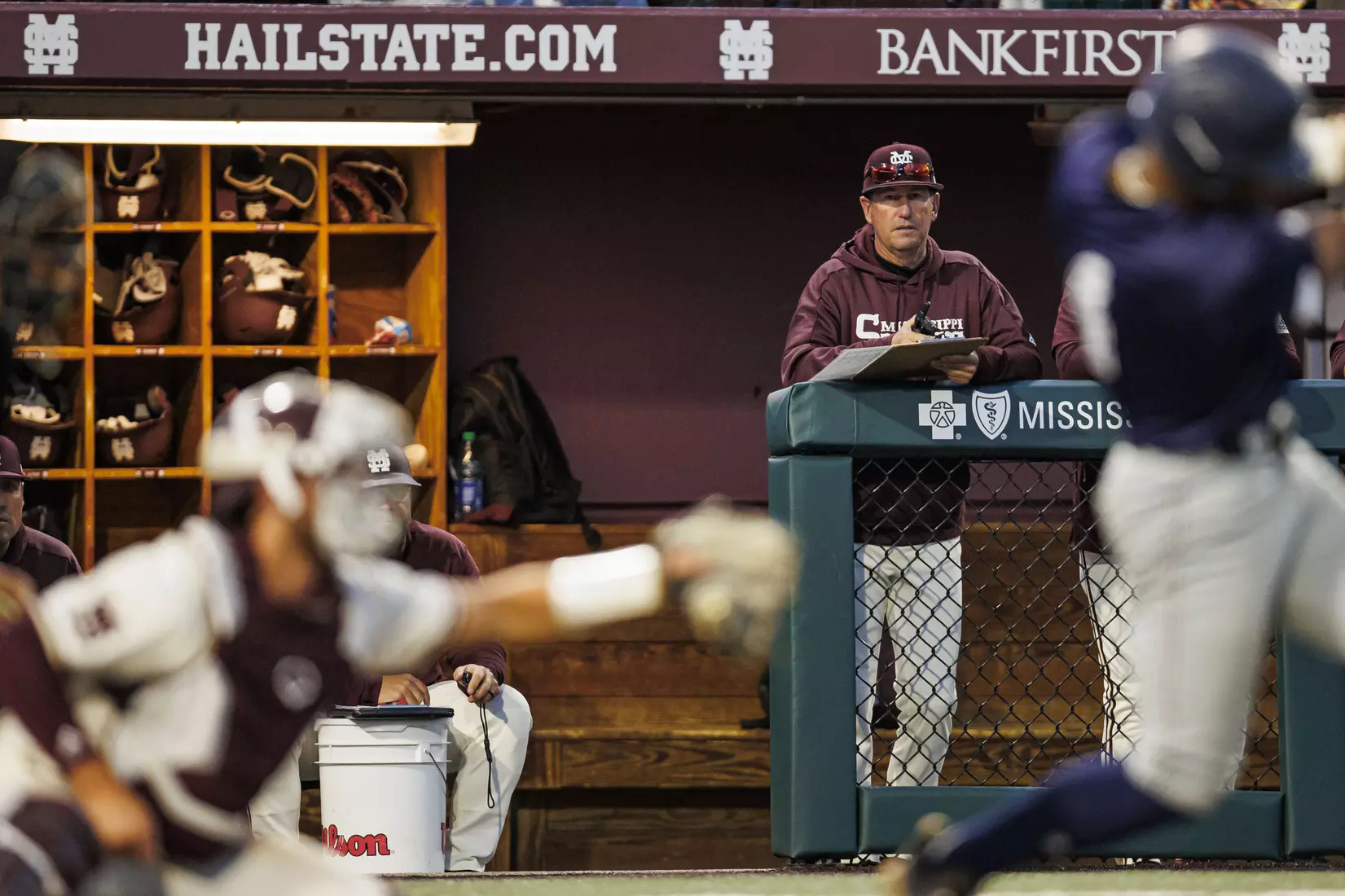 STARKVILLE, MS - April 19, 2022 - Mississippi State Assistant Coach Scott Foxhall during the game between the Jackson State Tigers and the Mississippi State Bulldogs at Dudy Noble Field at Polk-Dement Stadium in Starkville, MS. Photo By Sloane Bush
