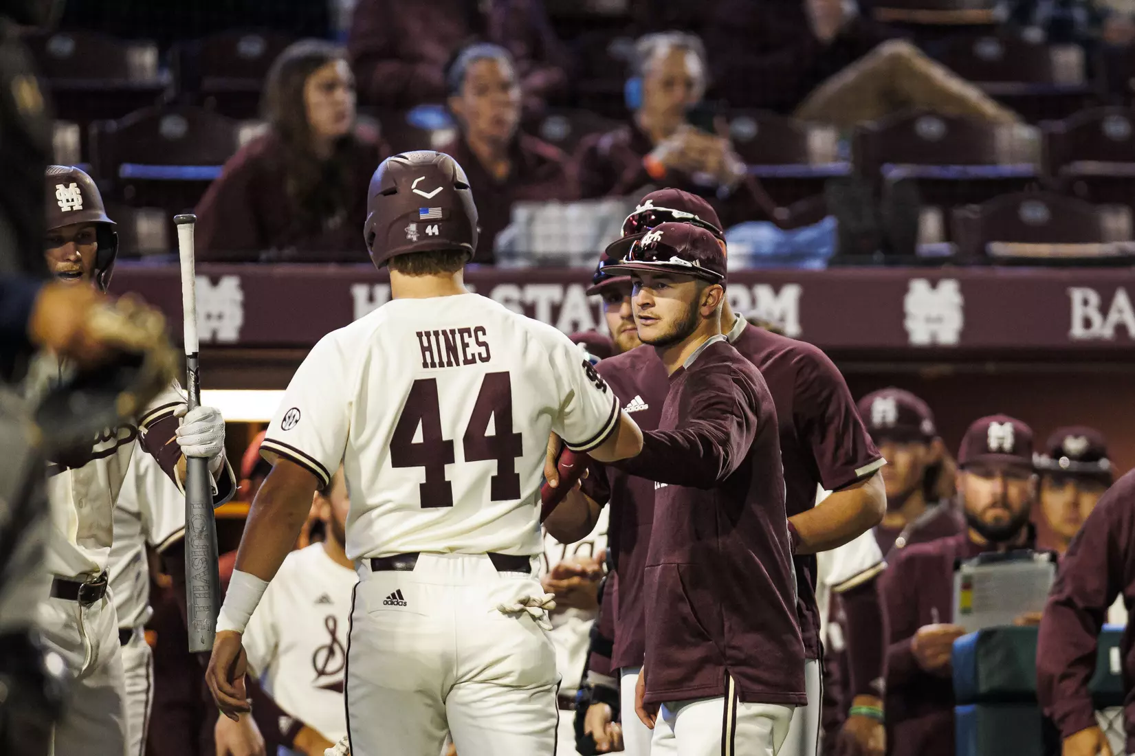 STARKVILLE, MS - April 19, 2022 - Mississippi State Infielder/Outfielder Hunter Hines (#44) and Mississippi State Infielder Davis Meche (#12) during the game between the Jackson State Tigers and the Mississippi State Bulldogs at Dudy Noble Field at Polk-Dement Stadium in Starkville, MS. Photo By Sloane Bush