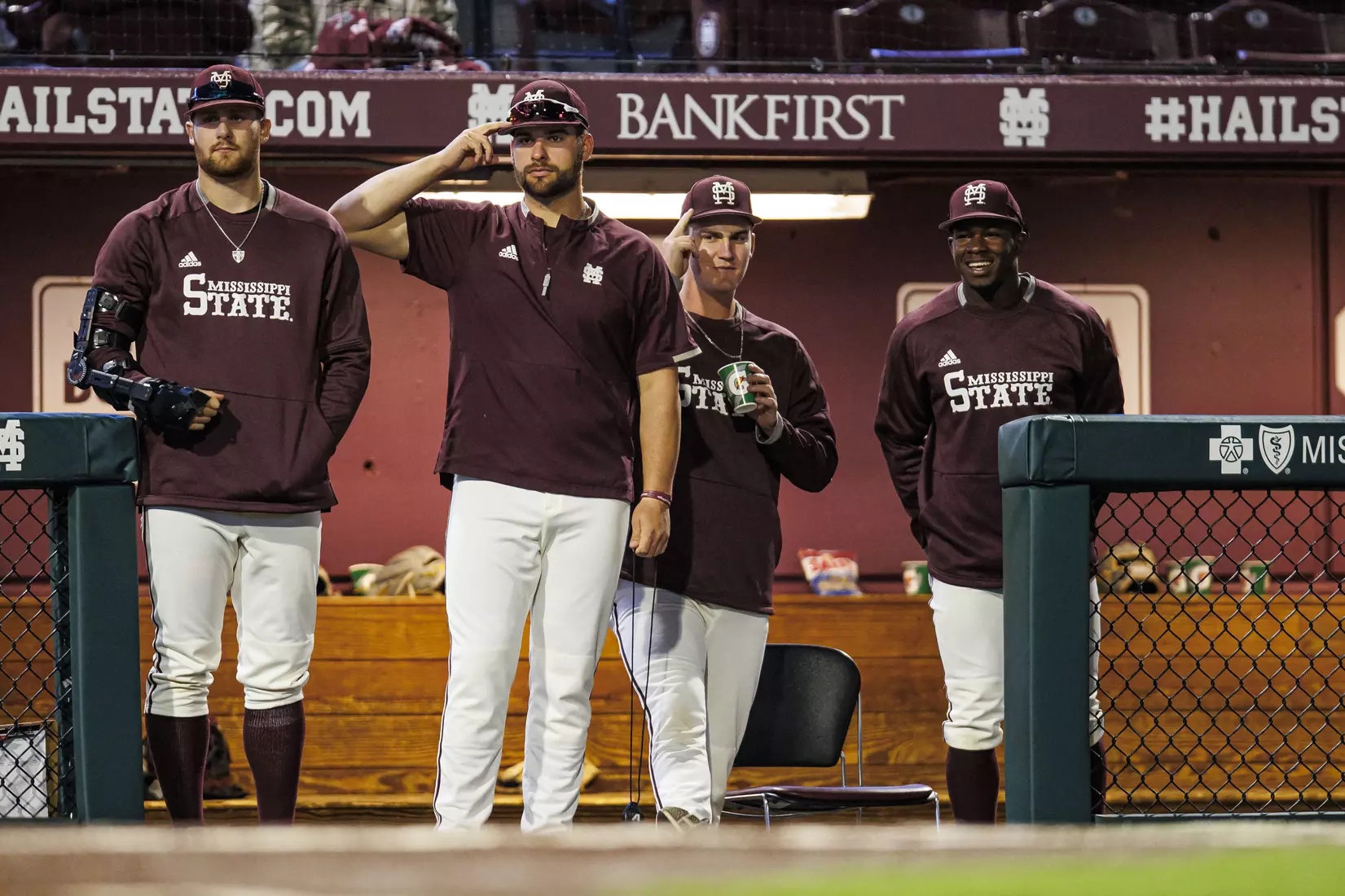 STARKVILLE, MS - April 19, 2022 - Mississippi State Pitcher Stone Simmons (#17), Pitcher Preston Johnson (#35), Pitcher Brandon Smith (#7), and Outfielder Brayland Skinner (#36) during the game between the Jackson State Tigers and the Mississippi State Bulldogs at Dudy Noble Field at Polk-Dement Stadium in Starkville, MS. Photo By Sloane Bush