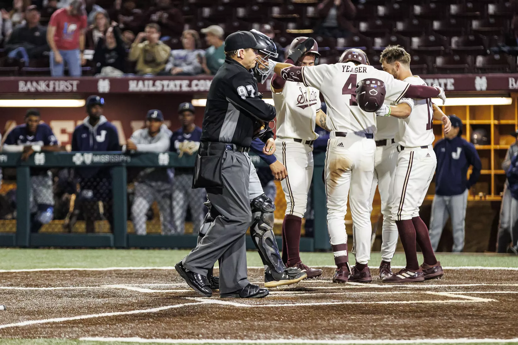 STARKVILLE, MS - April 19, 2022 - Mississippi State Outfielder Jess Davis (#3), Infielder RJ Yeager (#4), Infielder/Outfielder Matt Corder (#14), and Infielder Davis Meche (#12) during the game between the Jackson State Tigers and the Mississippi State Bulldogs at Dudy Noble Field at Polk-Dement Stadium in Starkville, MS. Photo By Sloane Bush