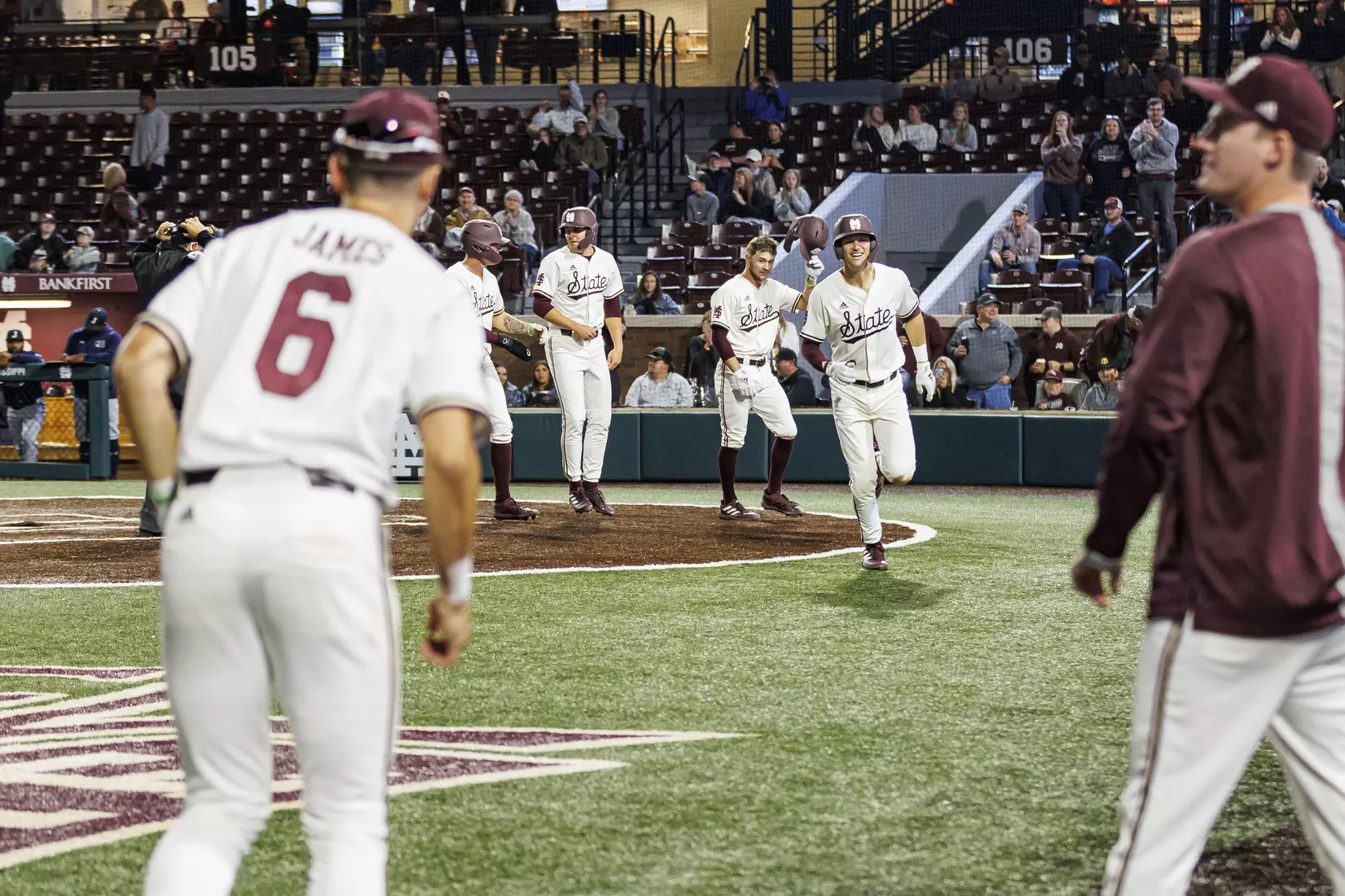 STARKVILLE, MS - April 19, 2022 - Mississippi State Infielder Kamren James (#6) and Infielder RJ Yeager (#4) during the game between the Jackson State Tigers and the Mississippi State Bulldogs at Dudy Noble Field at Polk-Dement Stadium in Starkville, MS. Photo By Sloane Bush