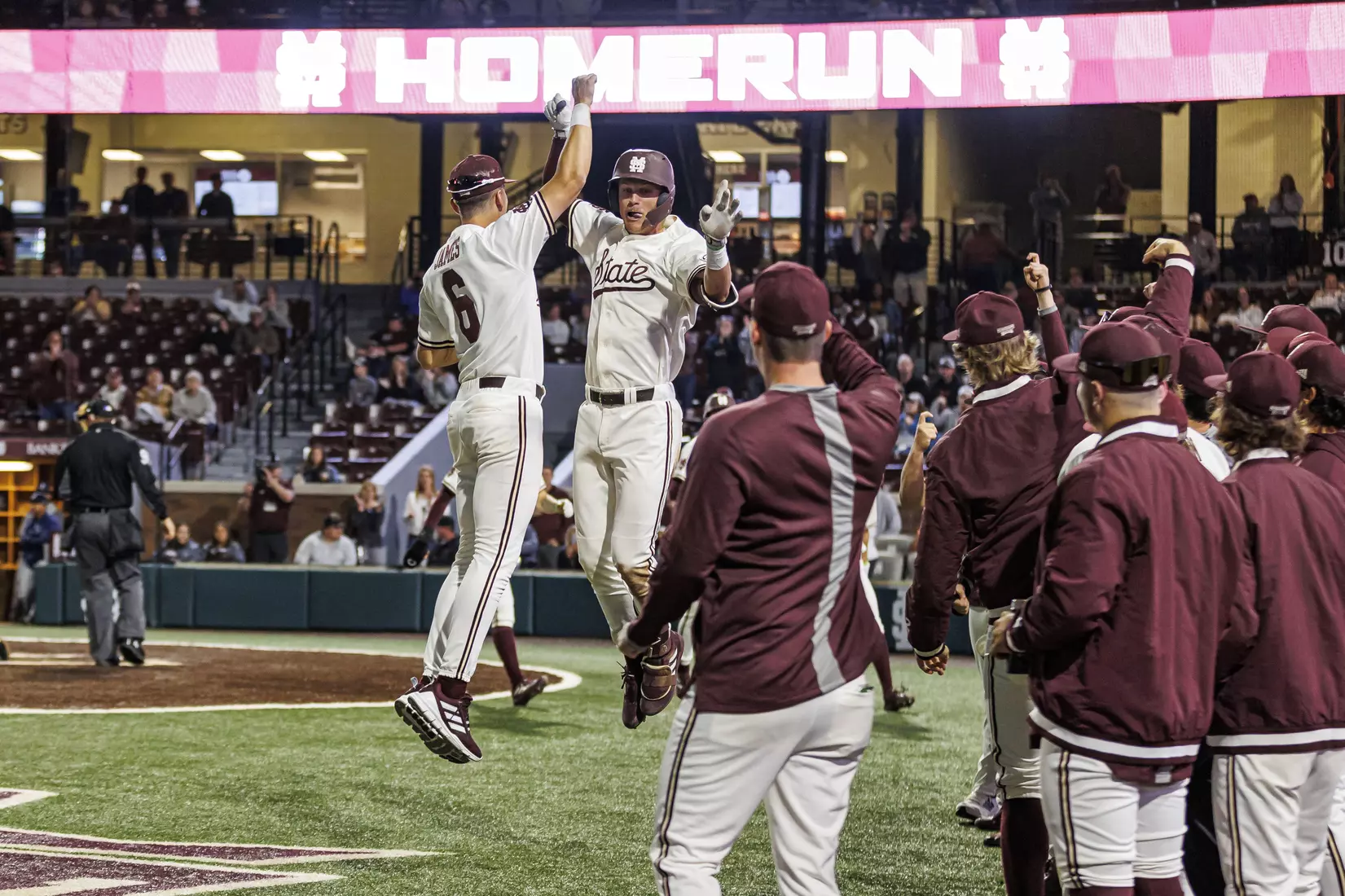 STARKVILLE, MS - April 19, 2022 - Mississippi State Infielder Kamren James (#6) and Infielder RJ Yeager (#4) during the game between the Jackson State Tigers and the Mississippi State Bulldogs at Dudy Noble Field at Polk-Dement Stadium in Starkville, MS. Photo By Sloane Bush