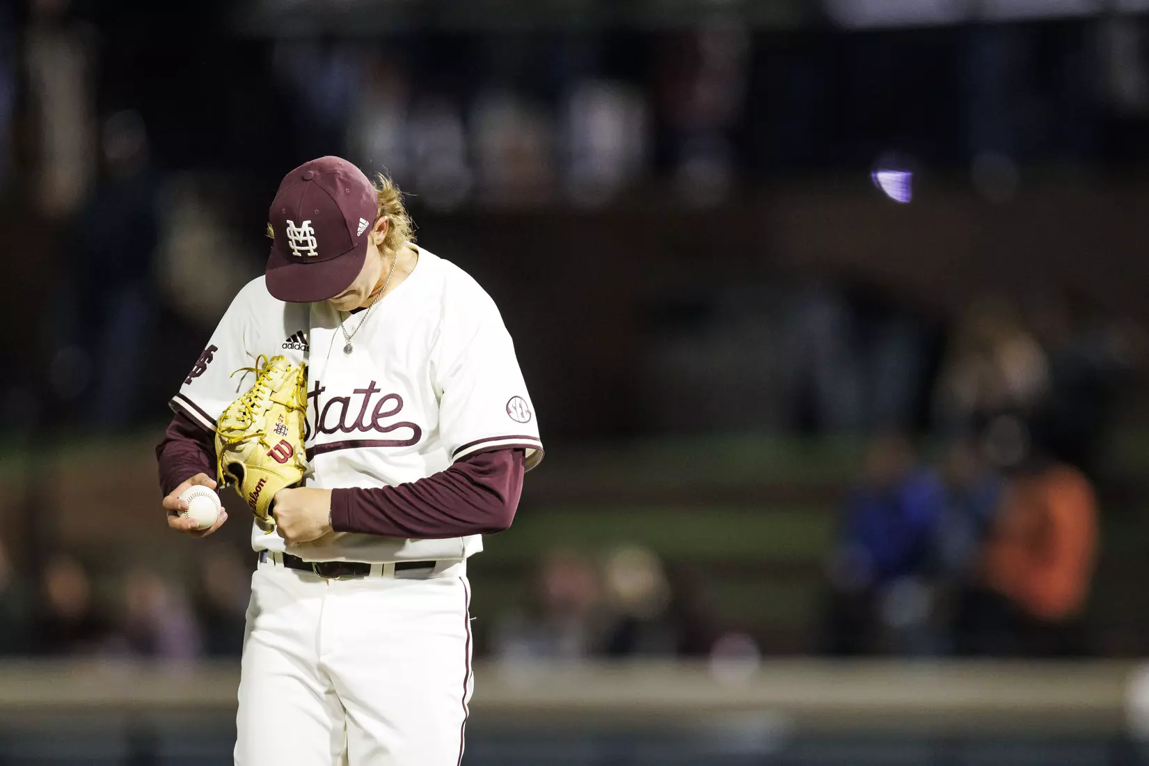STARKVILLE, MS - April 19, 2022 - Mississippi State Pitcher Jackson Fristoe (#27) during the game between the Jackson State Tigers and the Mississippi State Bulldogs at Dudy Noble Field at Polk-Dement Stadium in Starkville, MS. Photo By Sloane Bush
