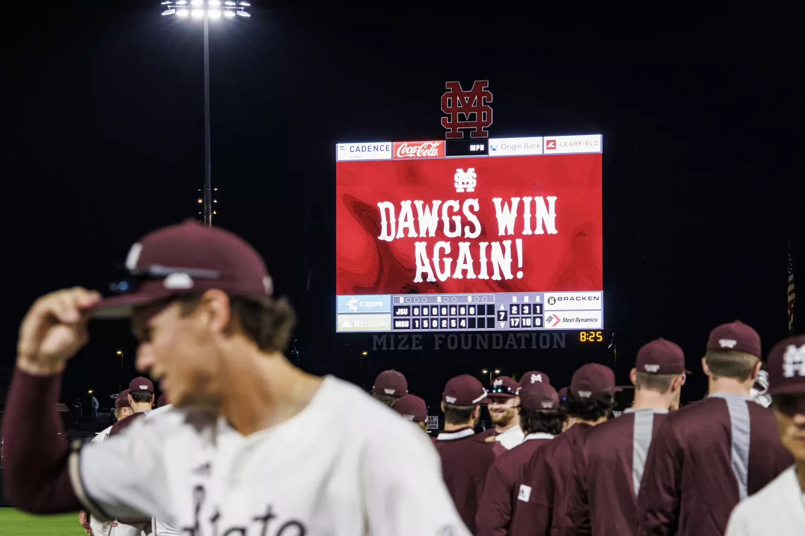 STARKVILLE, MS - April 19, 2022 - ÒDawgs Win AgainÓ Scoreboard during the game between the Jackson State Tigers and the Mississippi State Bulldogs at Dudy Noble Field at Polk-Dement Stadium in Starkville, MS. Photo By Sloane Bush