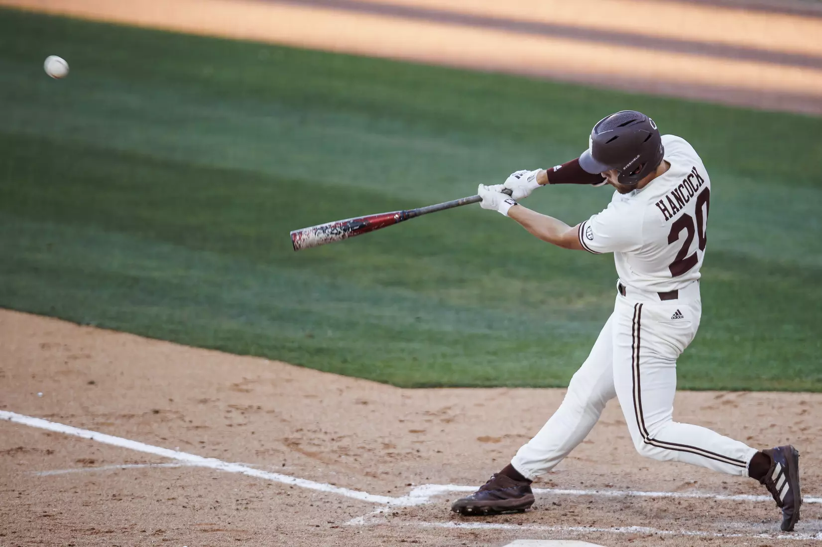 STARKVILLE, MS - April 26, 2022 - Mississippi State Infielder Luke Hancock (#20) during the game between the Mississippi State Bulldogs and the Ole Miss Rebels at Trustmark Park in Pearl, MS. Photo By Kevin Snyder