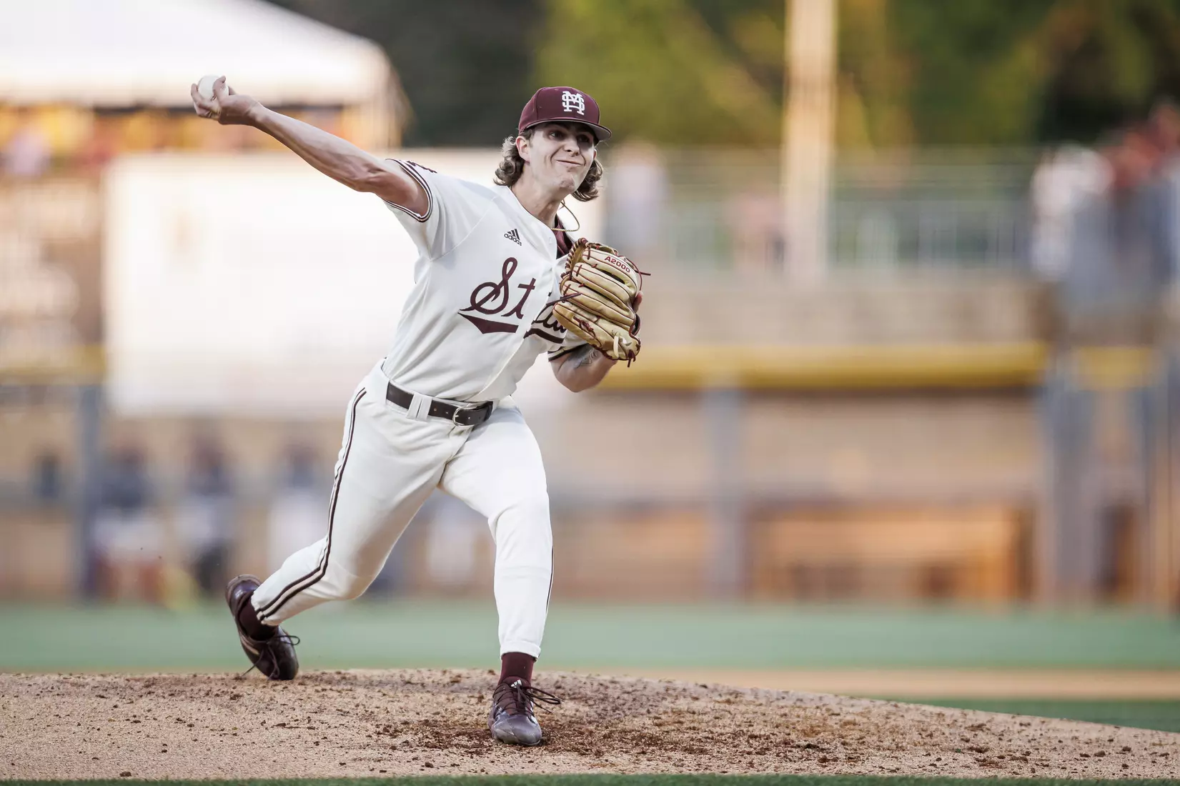 STARKVILLE, MS - April 26, 2022 - Mississippi State Infielder Lane Forsythe (#43) during the game between the Mississippi State Bulldogs and the Ole Miss Rebels at Trustmark Park in Pearl, MS. Photo By Kevin Snyder