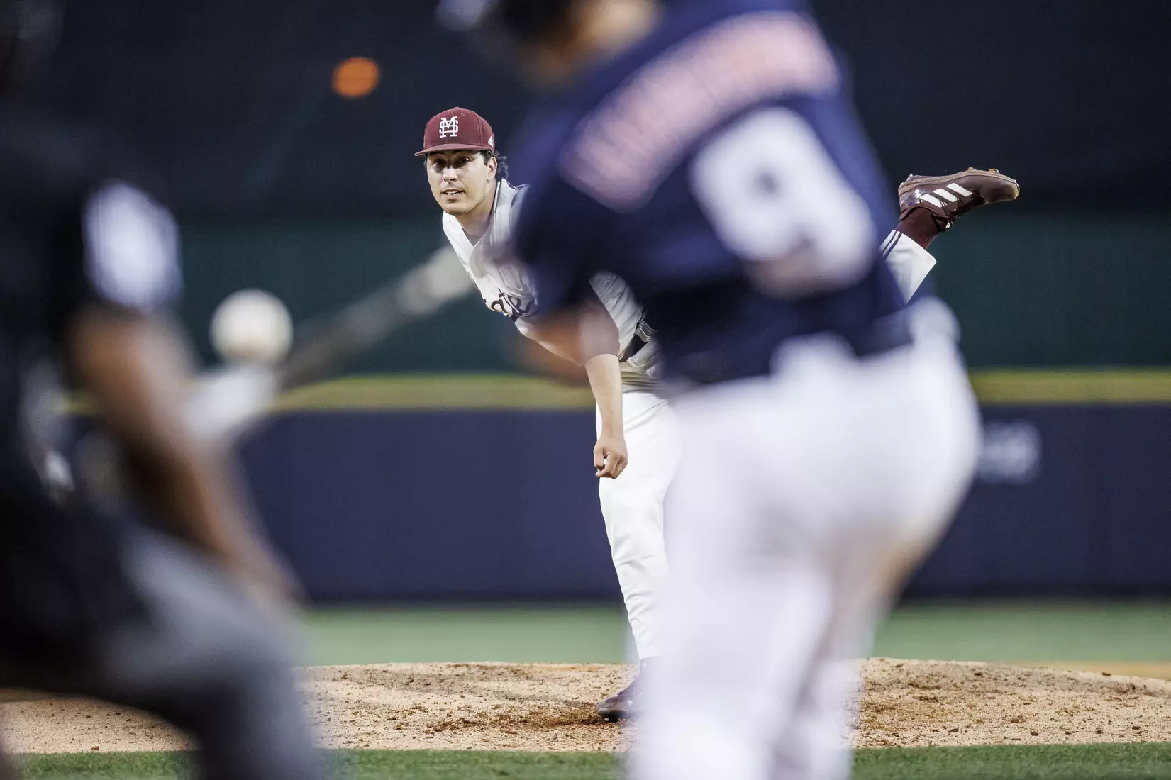 STARKVILLE, MS - April 26, 2022 - Mississippi State Pitcher Cam Tullar (#45) during the game between the Mississippi State Bulldogs and the Ole Miss Rebels at Trustmark Park in Pearl, MS. Photo By Kevin Snyder
