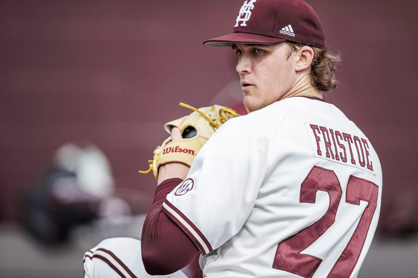 STARKVILLE, MS - February 22, 2022 - Mississippi State Pitcher Jackson Fristoe (#27) in the bullpen before the game between the University of Arkansas at Pine Bluff Golden Lions and the Mississippi State Bulldogs at Dudy Noble Field at Polk-Dement Stadium in Starkville, MS. Photo By Kevin Snyder