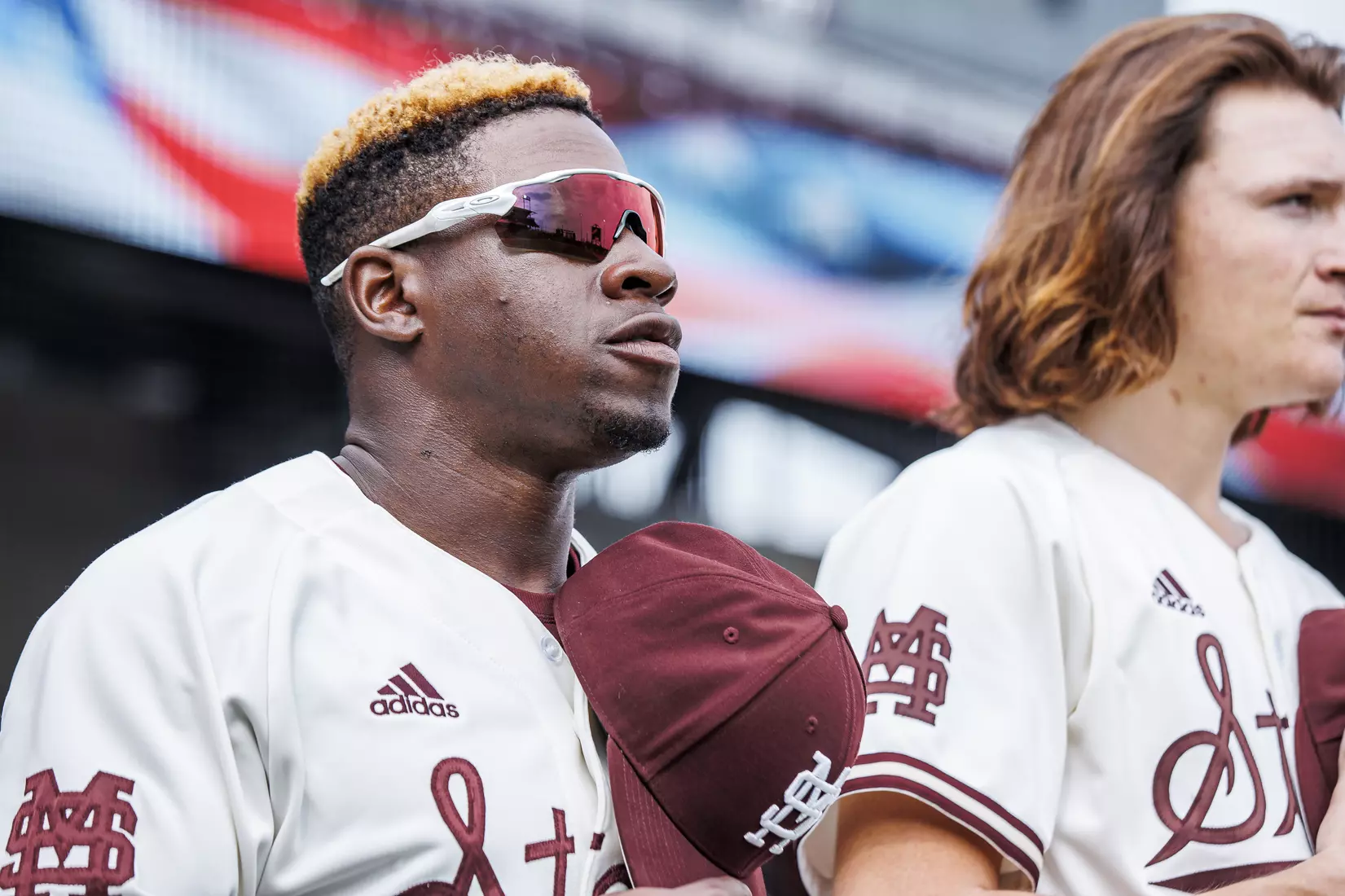 STARKVILLE, MS - February 22, 2022 - Mississippi State Outfielder Brayland Skinner (#36) during the National Anthem before the game between the University of Arkansas at Pine Bluff Golden Lions and the Mississippi State Bulldogs at Dudy Noble Field at Polk-Dement Stadium in Starkville, MS. Photo By Kevin Snyder