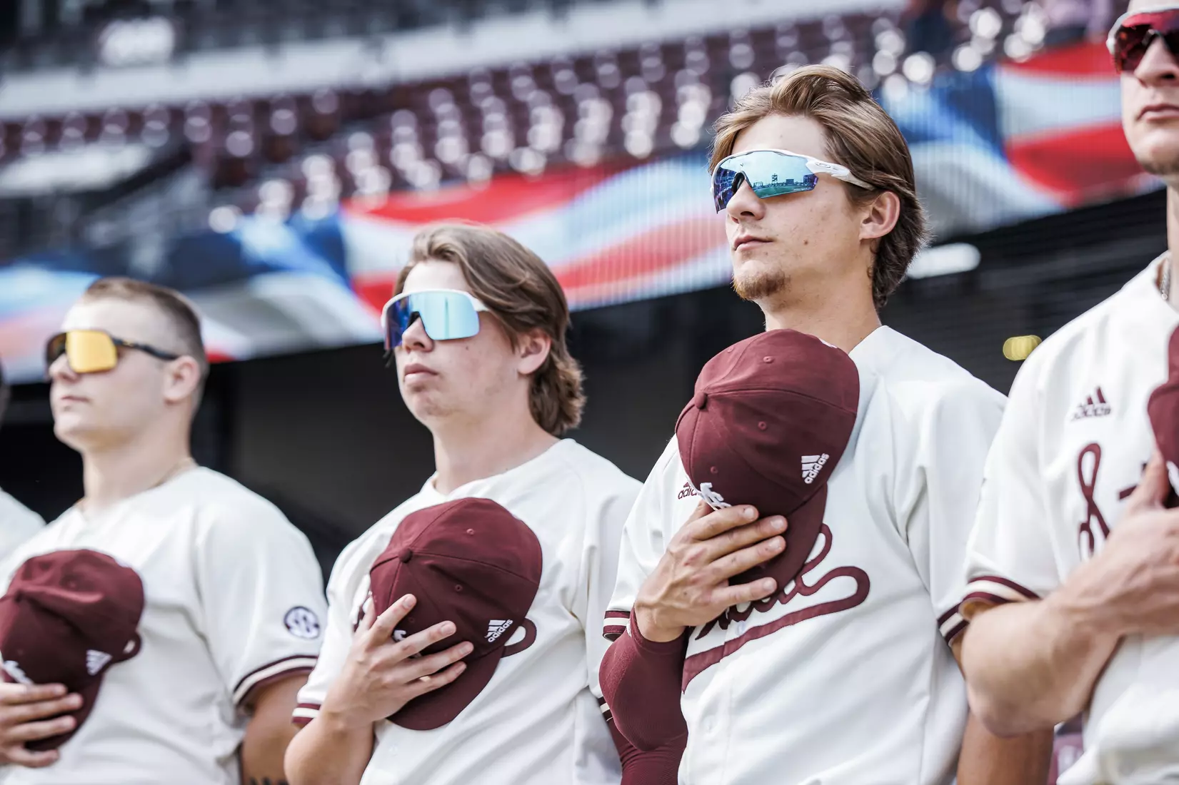 STARKVILLE, MS - February 22, 2022 - Mississippi State Infielder Tanner Leggett (#31) during the National Anthem before the game between the University of Arkansas at Pine Bluff Golden Lions and the Mississippi State Bulldogs at Dudy Noble Field at Polk-Dement Stadium in Starkville, MS. Photo By Kevin Snyder