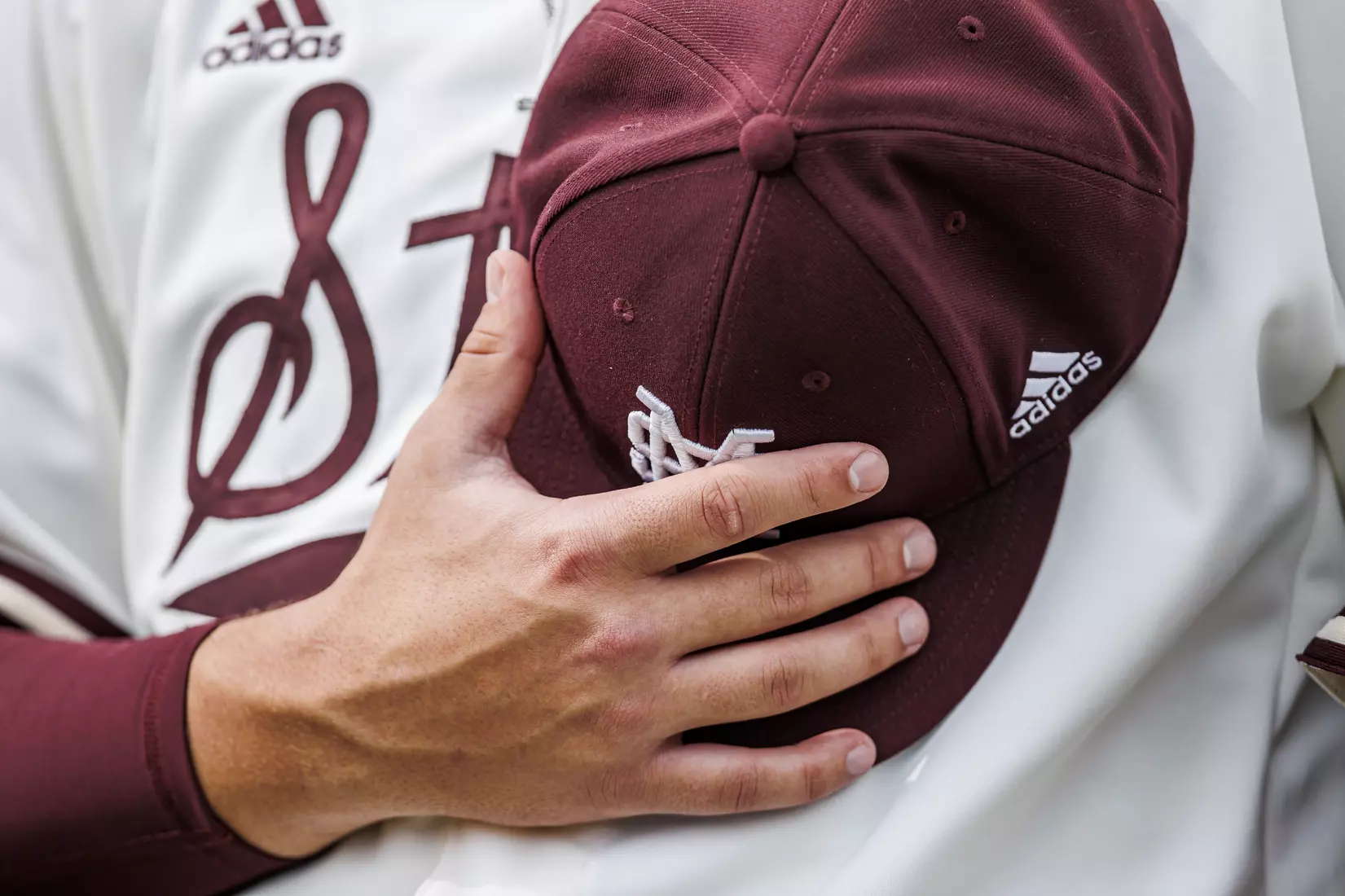 STARKVILLE, MS - February 22, 2022 - Mississippi State M over S logo during the National Anthem before the game between the University of Arkansas at Pine Bluff Golden Lions and the Mississippi State Bulldogs at Dudy Noble Field at Polk-Dement Stadium in Starkville, MS. Photo By Kevin Snyder