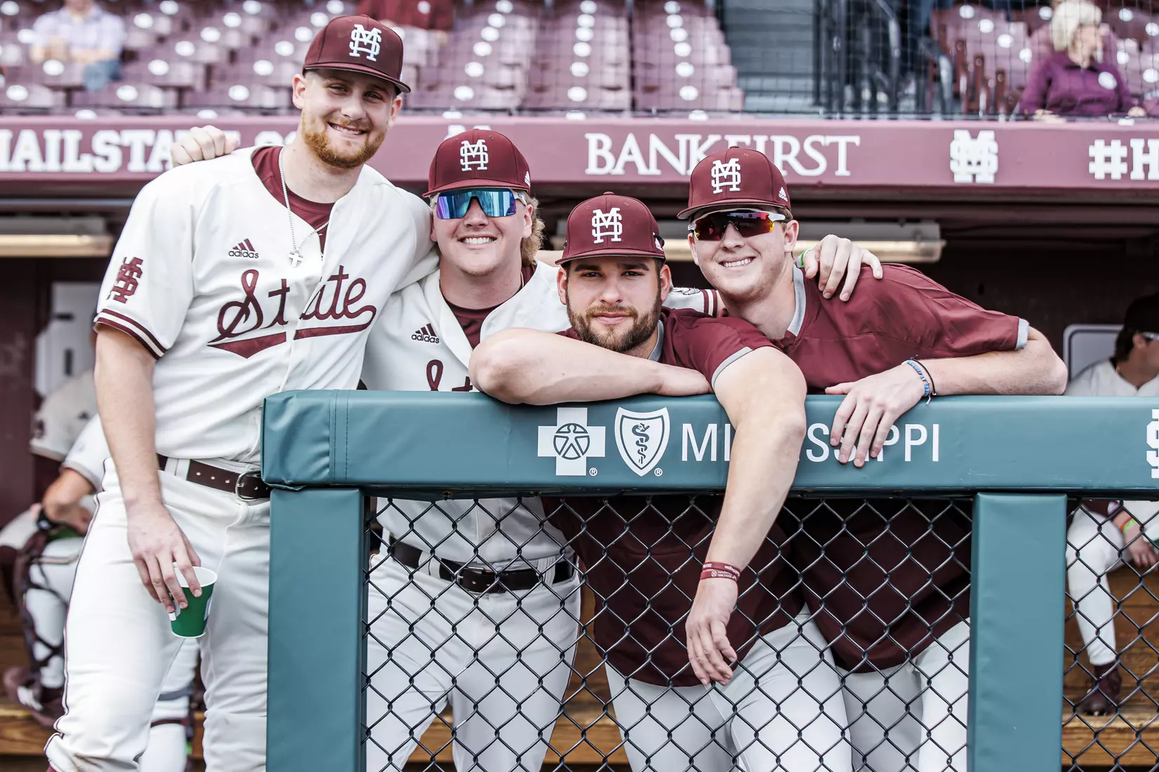 STARKVILLE, MS - February 22, 2022 - Mississippi State Pitcher Drew Talley (#47), Mississippi State Pitcher Preston Johnson (#35), Mississippi State Pitcher Stone Simmons (#17), and Mississippi State Pitcher Brooks Auger (#48) before the game between the University of Arkansas at Pine Bluff Golden Lions and the Mississippi State Bulldogs at Dudy Noble Field at Polk-Dement Stadium in Starkville, MS. Photo By Kevin Snyder