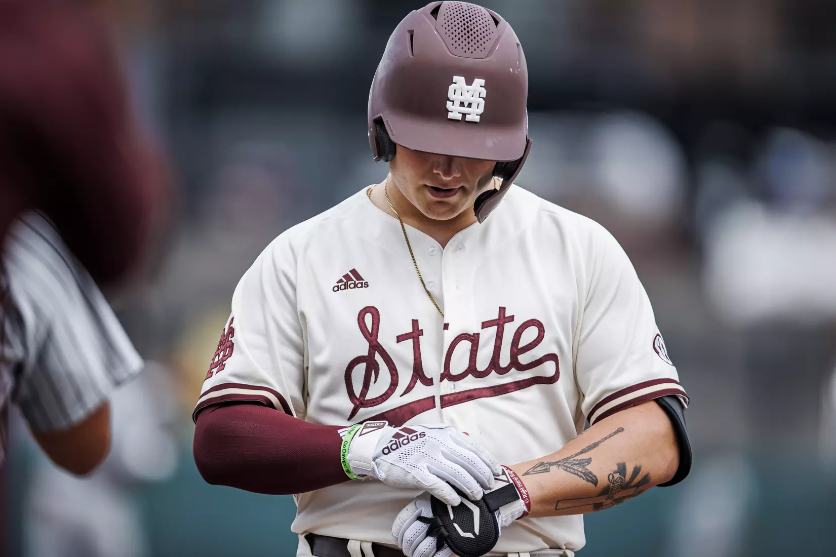 STARKVILLE, MS - February 22, 2022 - Mississippi State Catcher Logan Tanner (#19) during the game between the University of Arkansas at Pine Bluff Golden Lions and the Mississippi State Bulldogs at Dudy Noble Field at Polk-Dement Stadium in Starkville, MS. Photo By Kevin Snyder