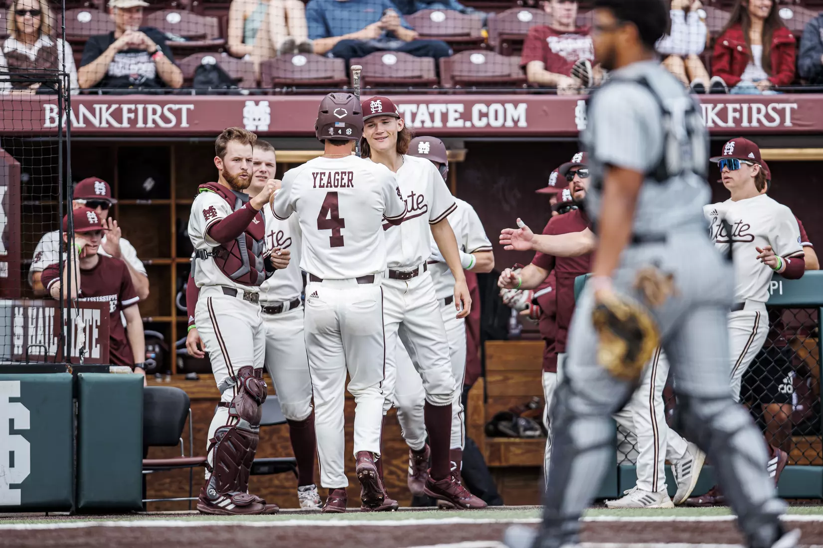 STARKVILLE, MS - February 22, 2022 - Mississippi State Pitcher Pico Kohn (#9), Mississippi State Infielder Luke Hancock (#20), and Mississippi State Infielder RJ Yeager (#4) during the game between the University of Arkansas at Pine Bluff Golden Lions and the Mississippi State Bulldogs at Dudy Noble Field at Polk-Dement Stadium in Starkville, MS. Photo By Kevin Snyder
