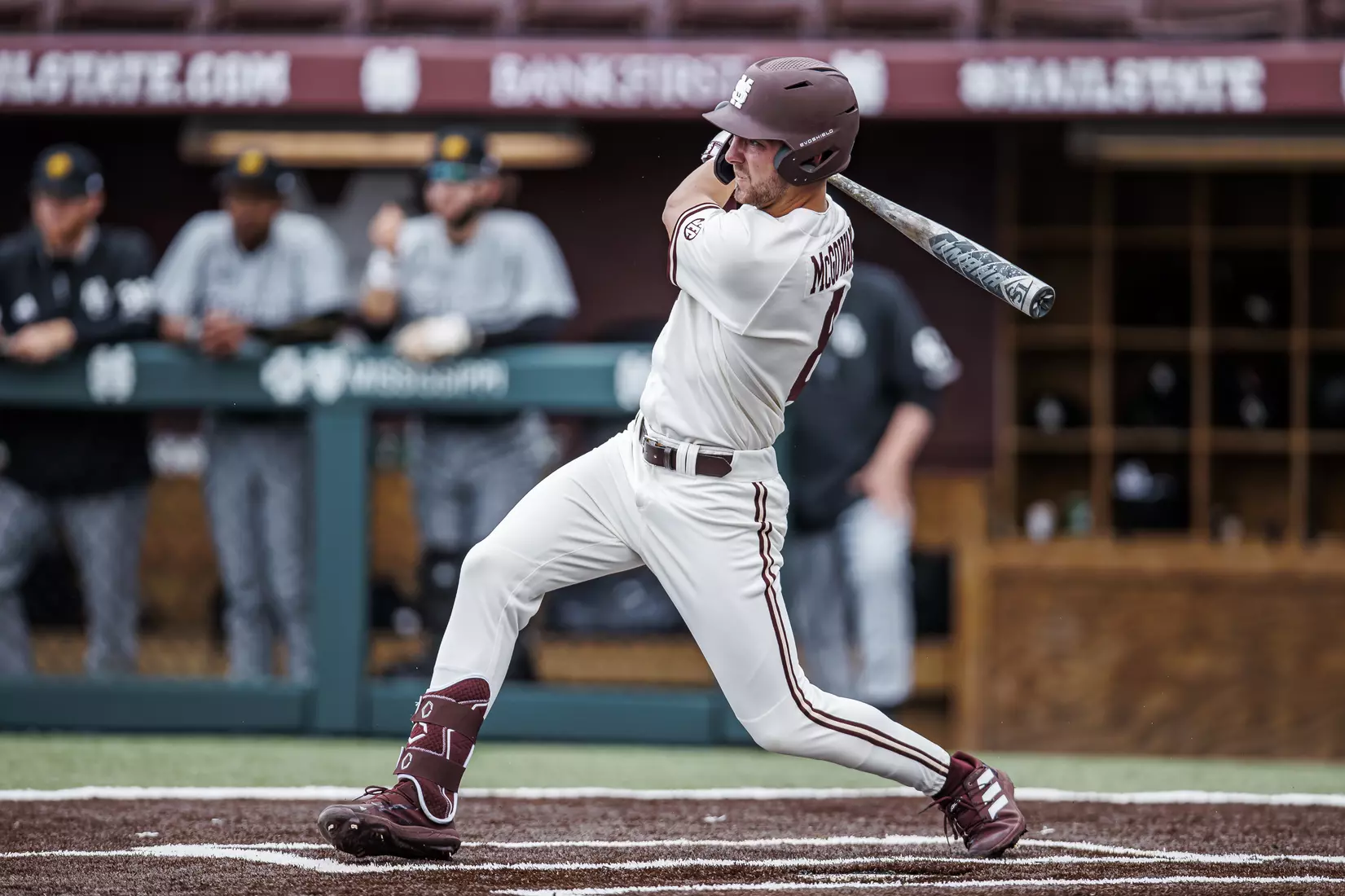 STARKVILLE, MS - February 22, 2022 - Mississippi State Outfielder Drew McGowan (#8) during the game between the University of Arkansas at Pine Bluff Golden Lions and the Mississippi State Bulldogs at Dudy Noble Field at Polk-Dement Stadium in Starkville, MS. Photo By Kevin Snyder