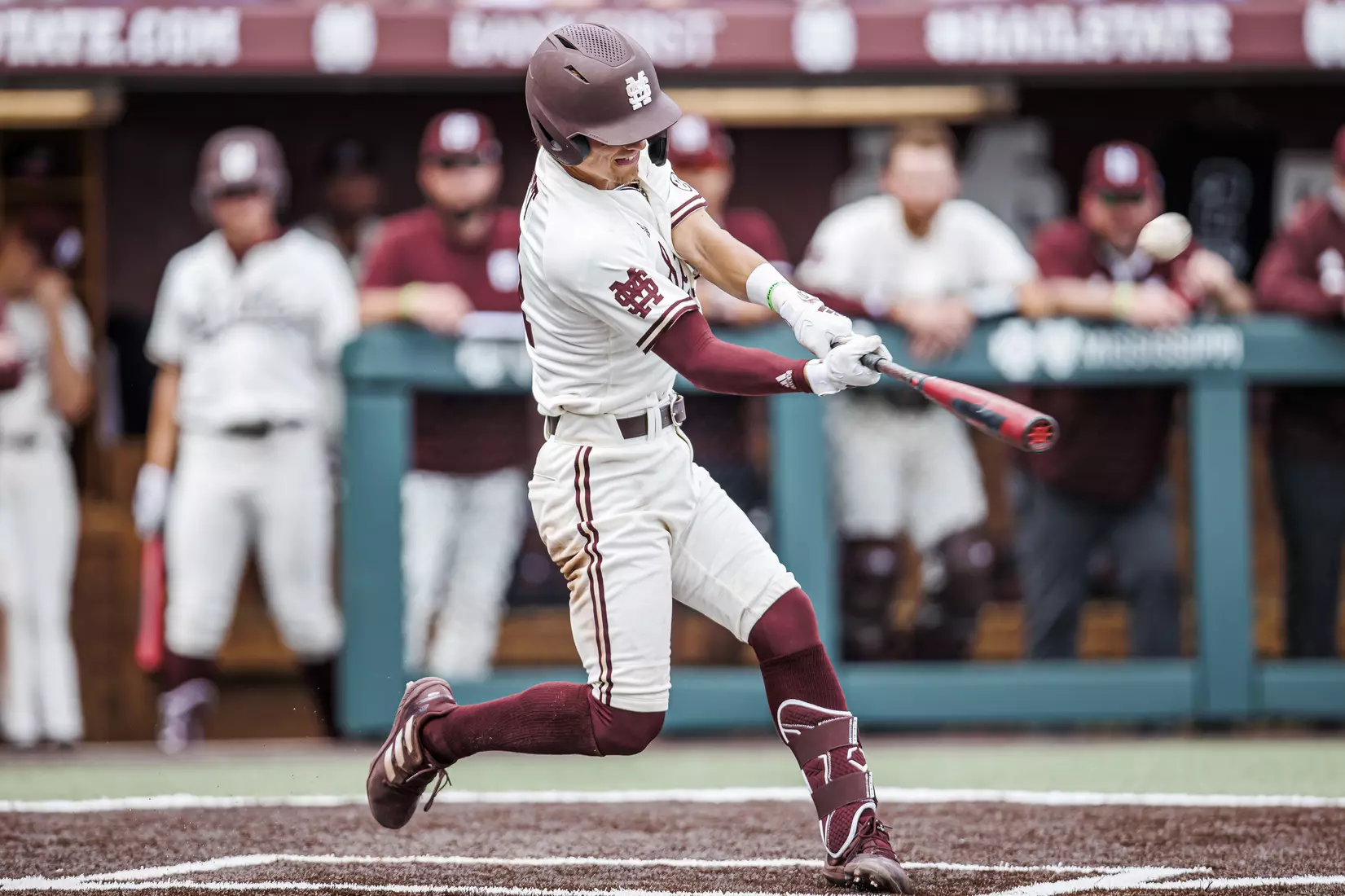 STARKVILLE, MS - February 22, 2022 - Mississippi State Infielder Tanner Leggett (#31) hits a home run during the game between the University of Arkansas at Pine Bluff Golden Lions and the Mississippi State Bulldogs at Dudy Noble Field at Polk-Dement Stadium in Starkville, MS. Photo By Kevin Snyder