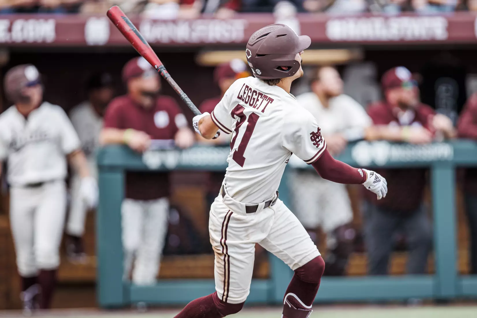 STARKVILLE, MS - February 22, 2022 - Mississippi State Infielder Tanner Leggett (#31) hits a home run during the game between the University of Arkansas at Pine Bluff Golden Lions and the Mississippi State Bulldogs at Dudy Noble Field at Polk-Dement Stadium in Starkville, MS. Photo By Kevin Snyder
