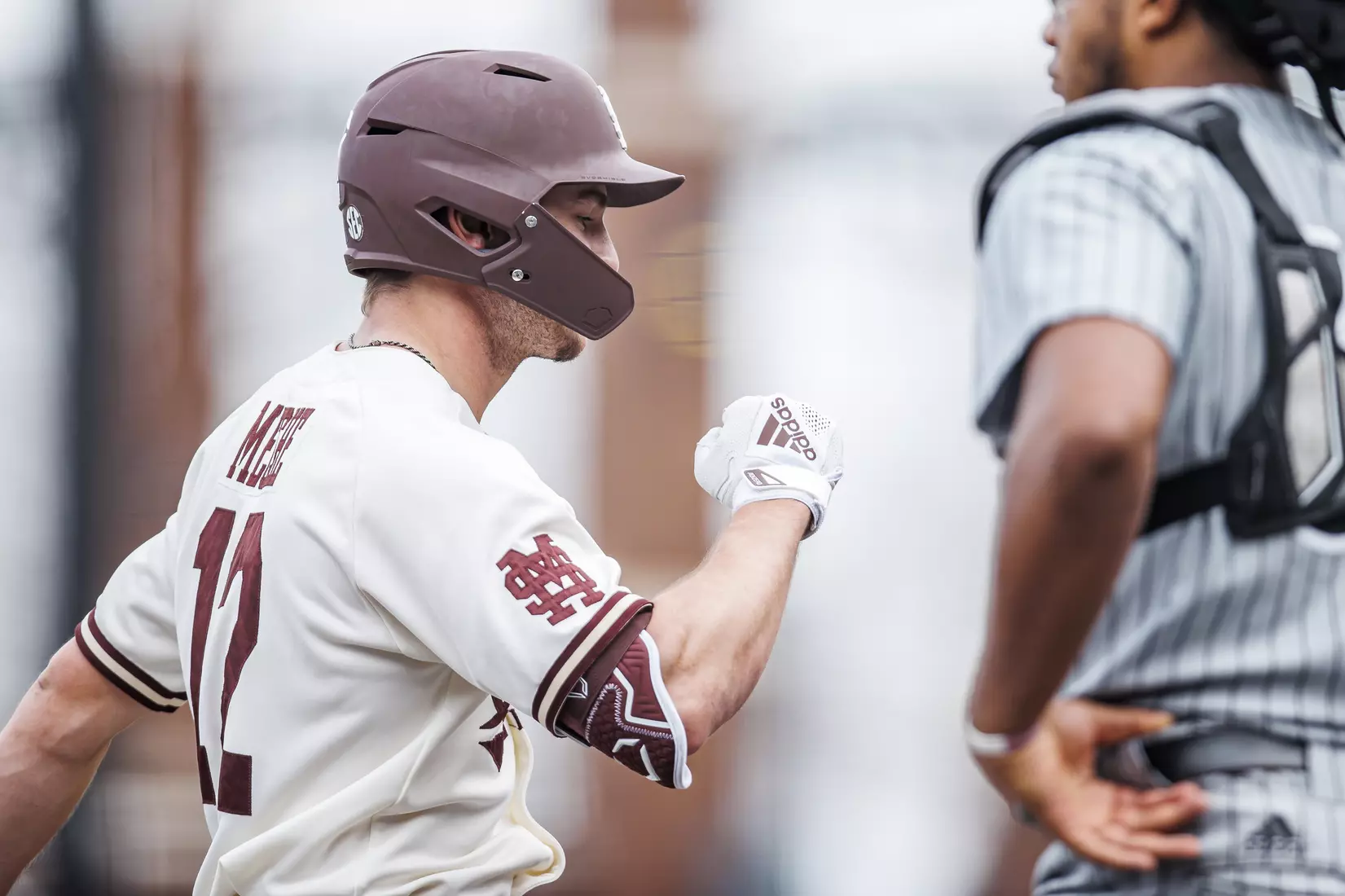 STARKVILLE, MS - February 22, 2022 - Mississippi State Infielder Davis Meche (#12) rounds the bases after hitting a home run during the game between the University of Arkansas at Pine Bluff Golden Lions and the Mississippi State Bulldogs at Dudy Noble Field at Polk-Dement Stadium in Starkville, MS. Photo By Kevin Snyder