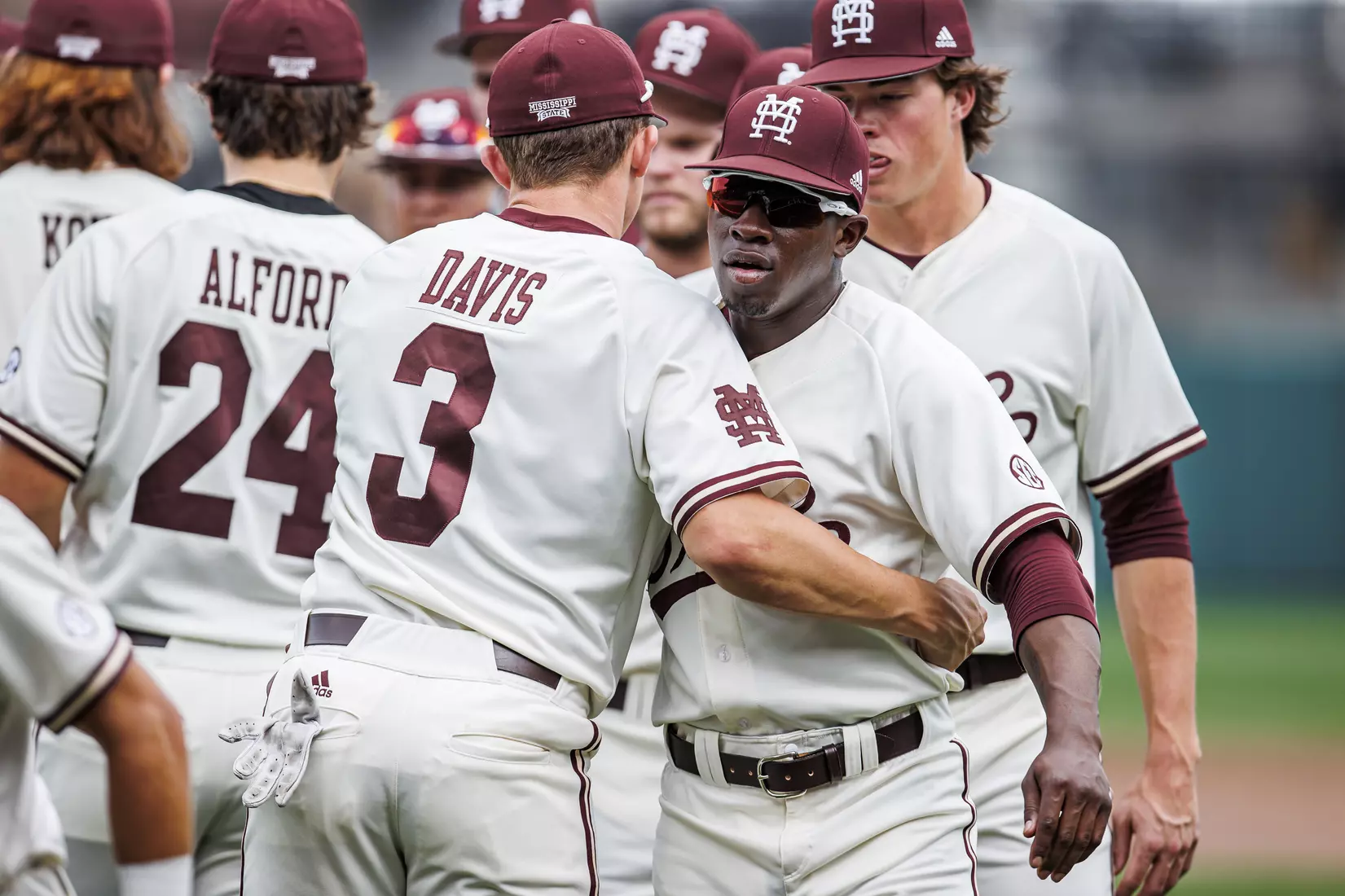 STARKVILLE, MS - February 22, 2022 - Mississippi State Outfielder Brayland Skinner (#36) and Mississippi State Outfielder Jess Davis (#3) after the game between the University of Arkansas at Pine Bluff Golden Lions and the Mississippi State Bulldogs at Dudy Noble Field at Polk-Dement Stadium in Starkville, MS. Photo By Kevin Snyder